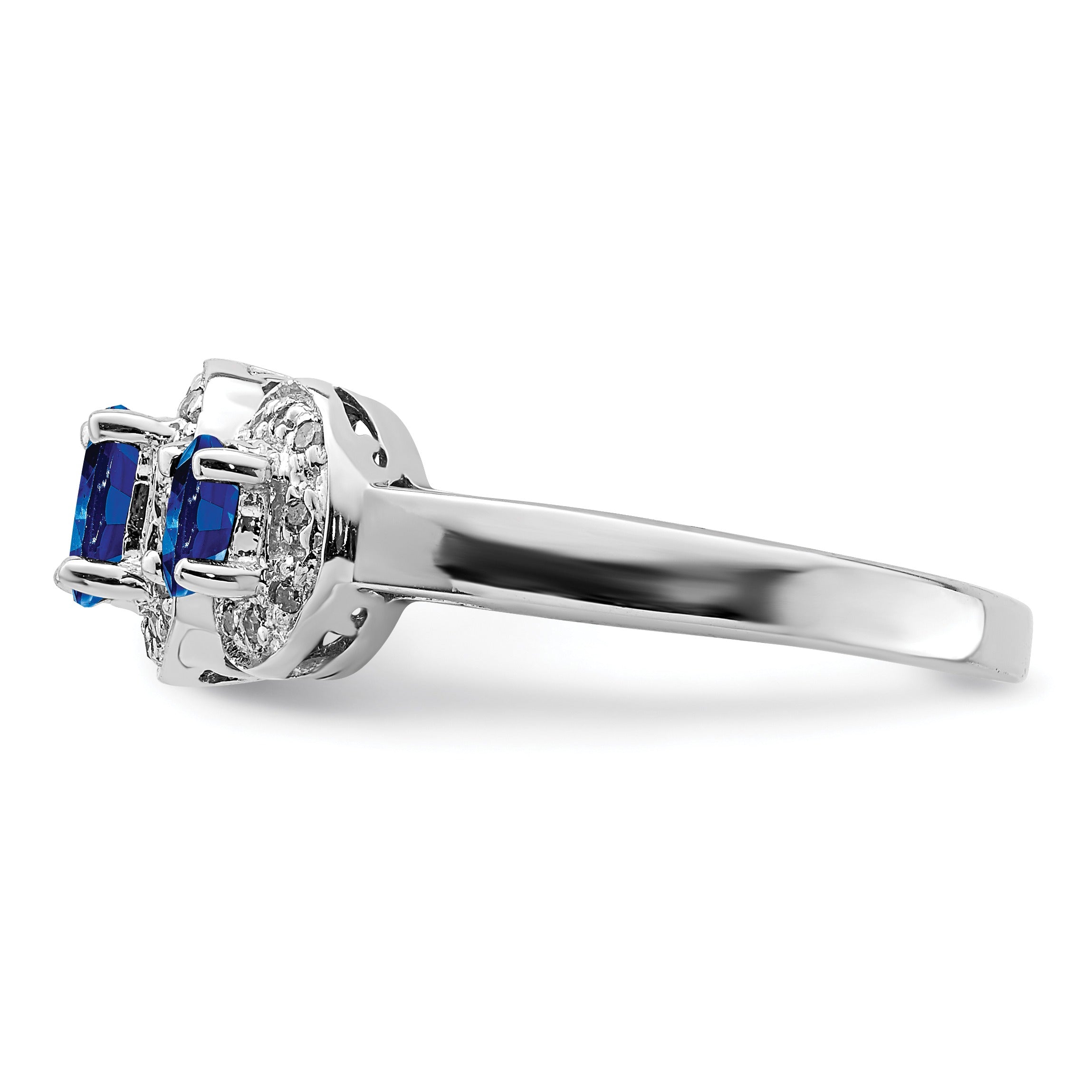 Blue Oval Sapphire and Diamond Prong Sterling Silver Three Stone Halo Ring