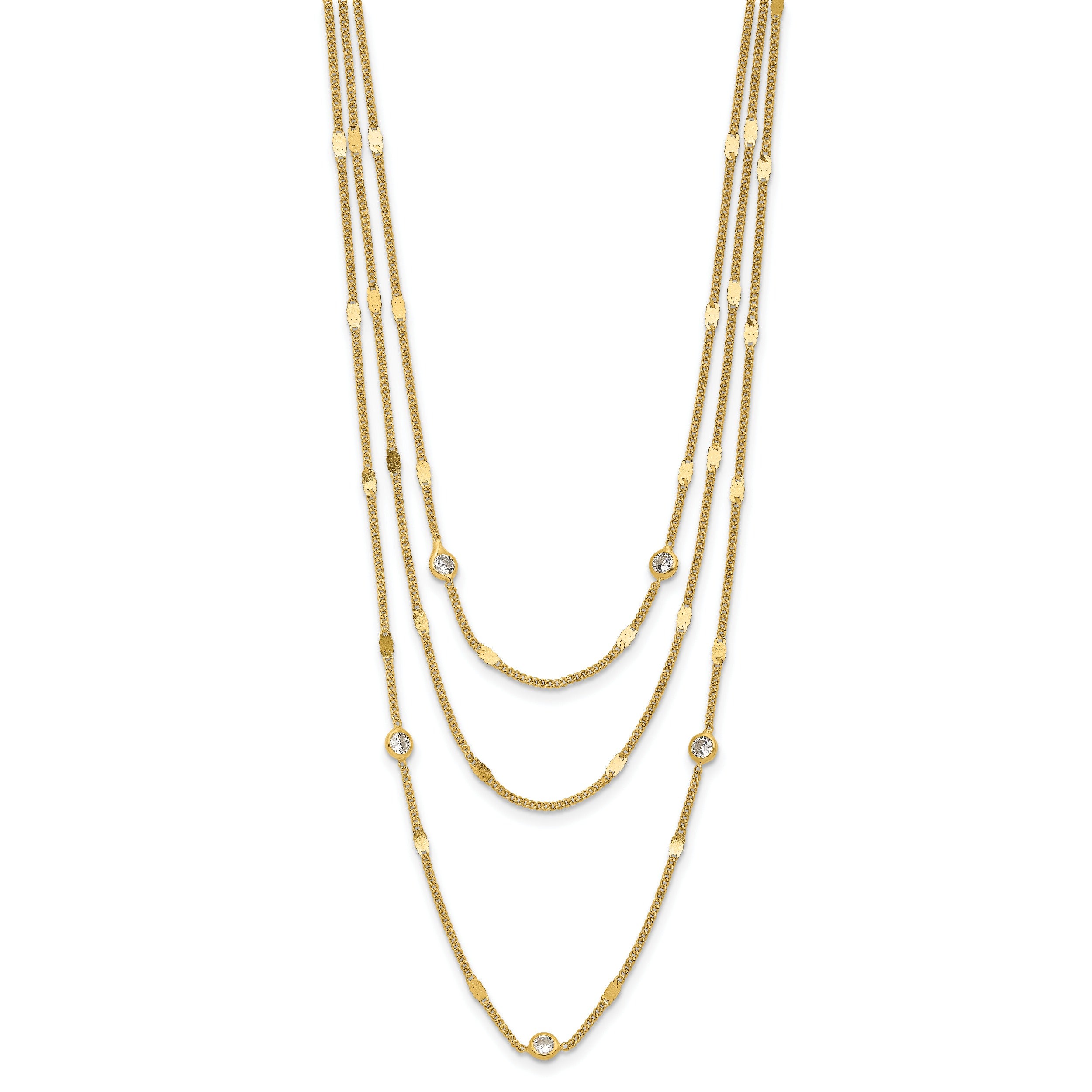 Round White Cubic Zirconia Sterling Silver Gold-Tone Layered Cable Chain Necklace