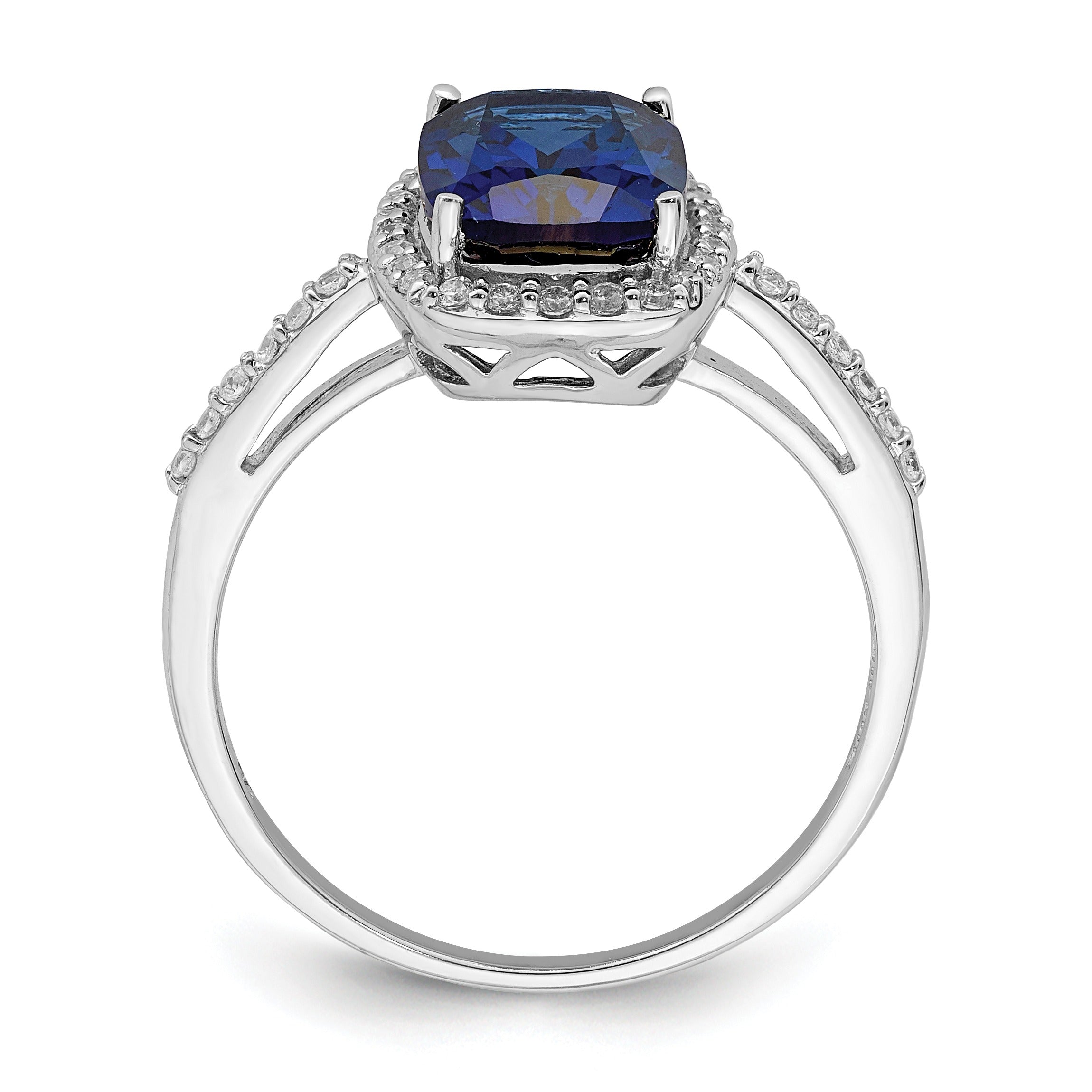 2.3 Ct Cushion Blue Created Sapphire & CZ Prong Rhodium-Plated Silver Halo Pave Band Ring