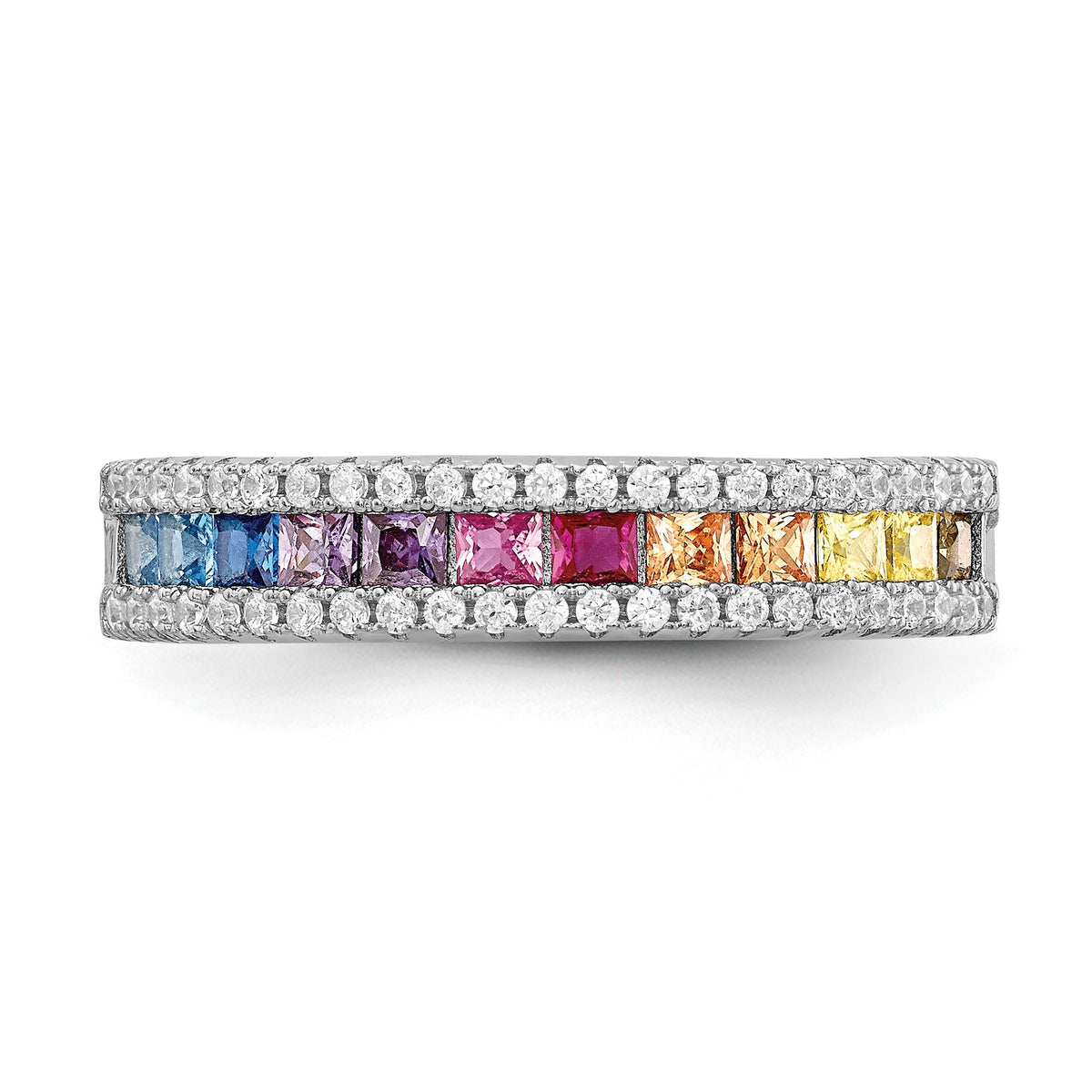 Princess Multicolor CZ Channel Set Rhodium Over 925 Sterling Silver Band Ring