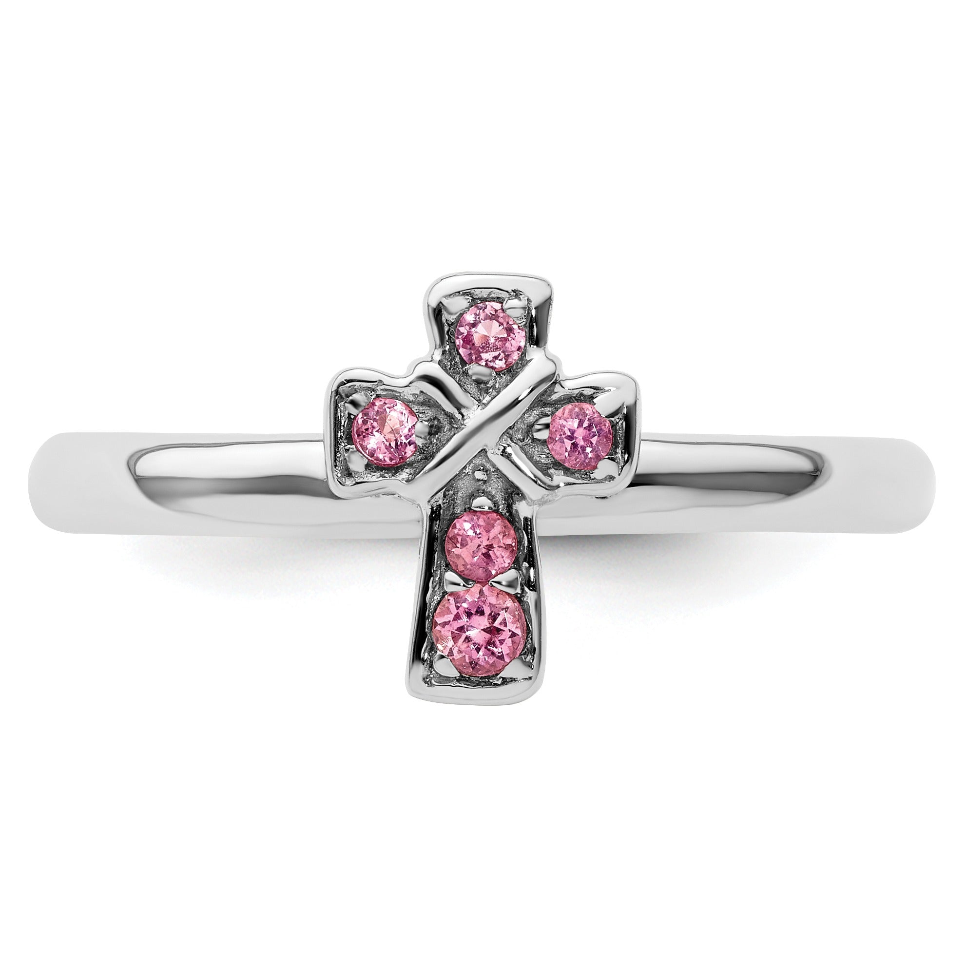 Natural Pink Tourmaline Silver Stackable Cross Ring