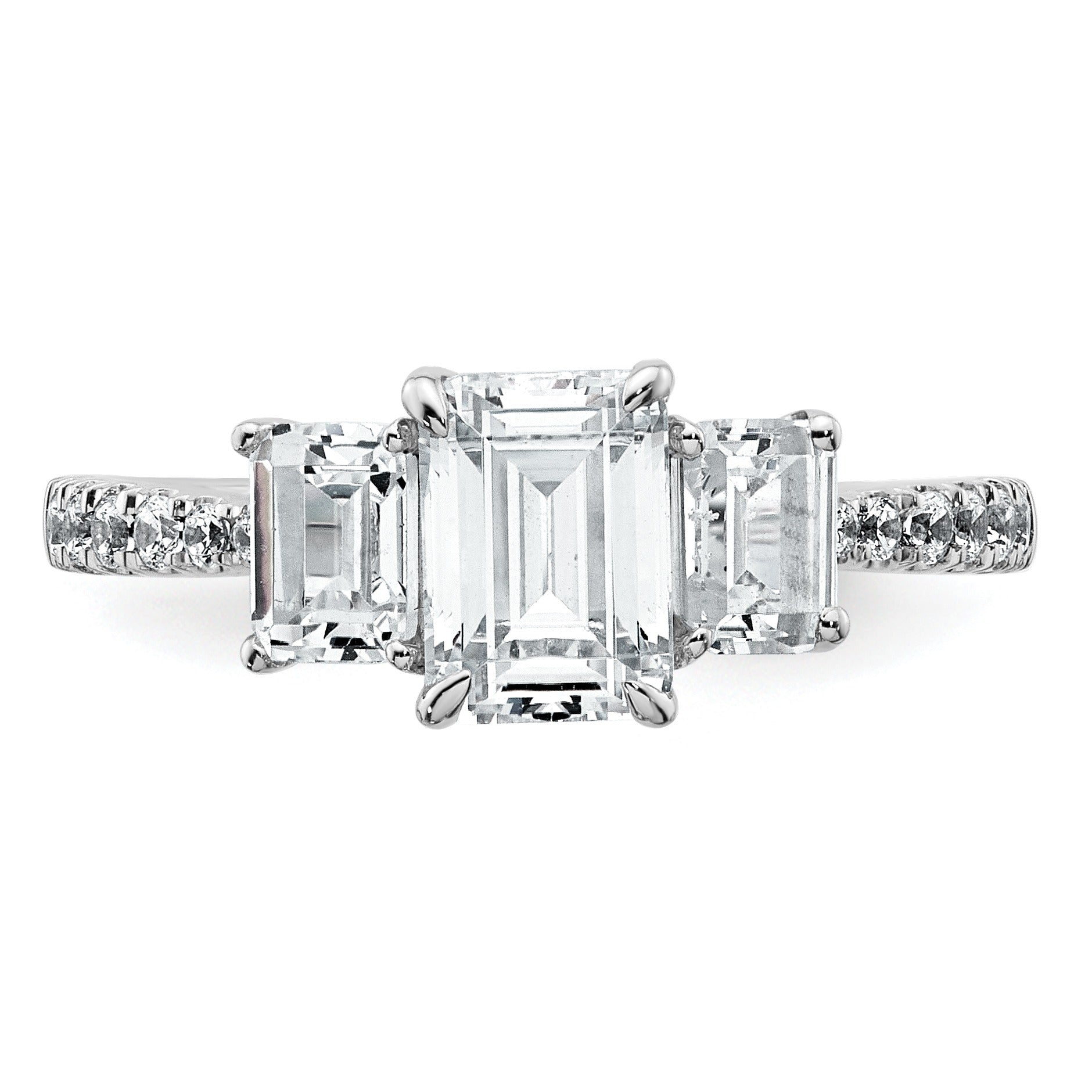 Emerald-Cut White Lab-Grown Diamond Prong 14K White Gold Three Stone Ring