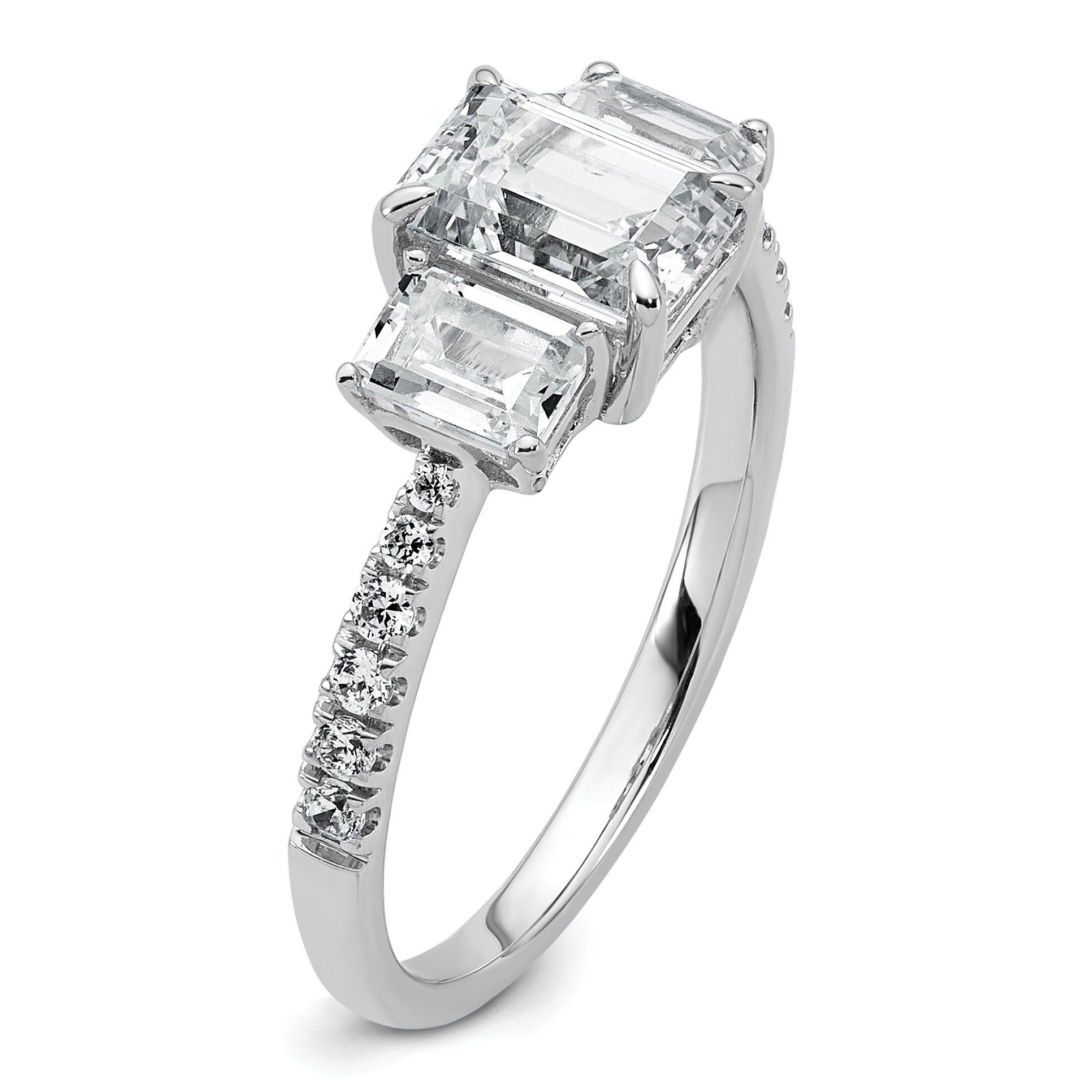 Emerald-Cut White Lab-Grown Diamond Prong 14K White Gold Three Stone Ring