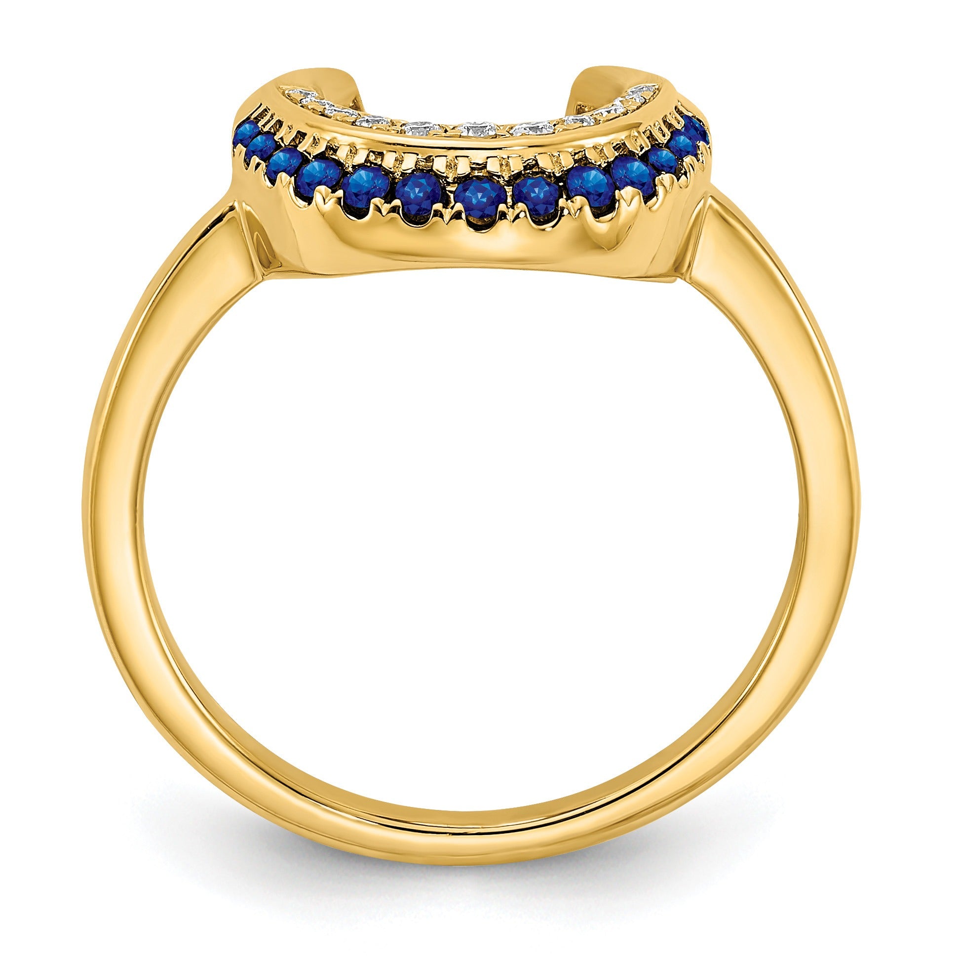 0.25 Ct Round Blue Sapphire & Diamond Pavé 14K Yellow Gold Horseshoe Curved Band Moon Ring