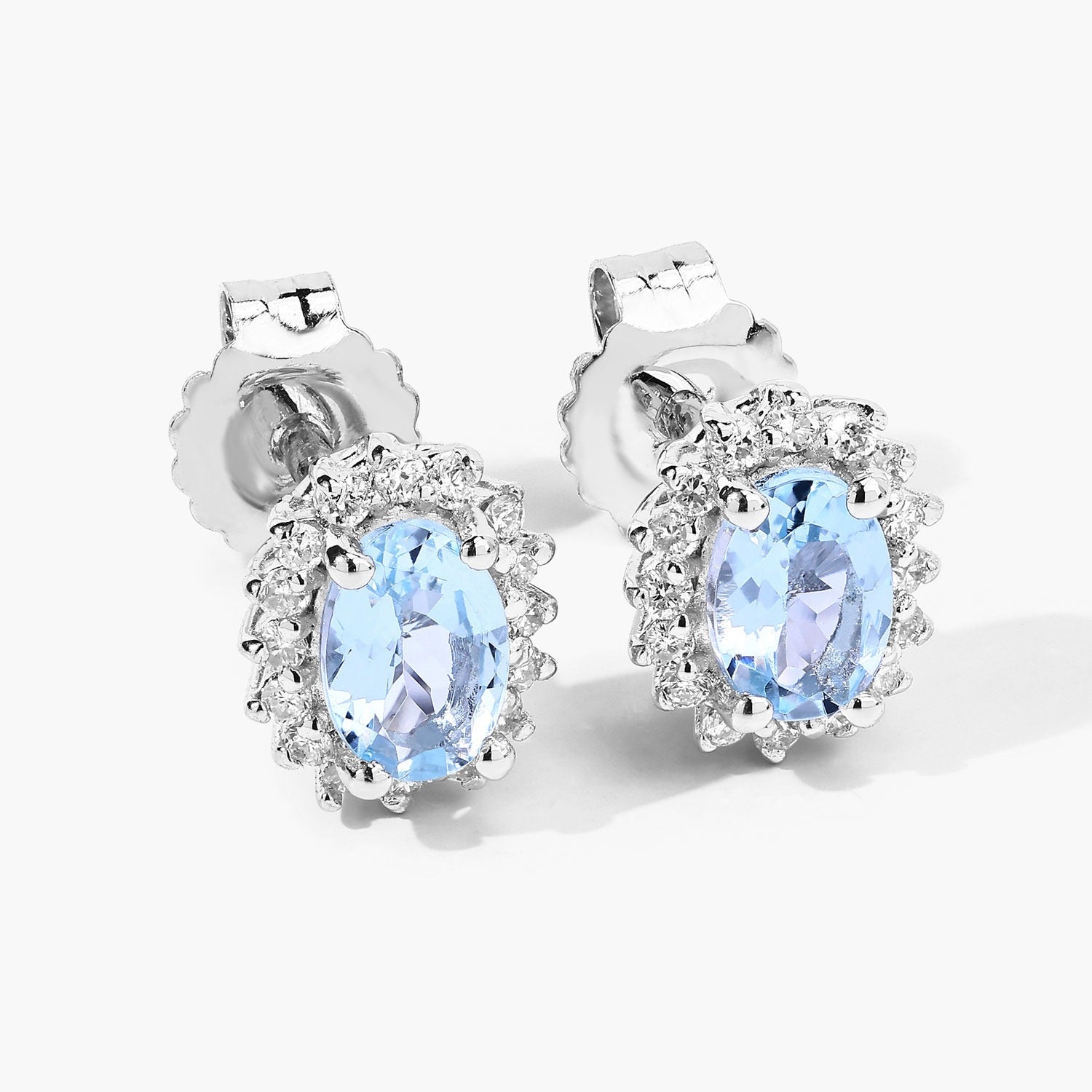 Genuine Aquamarine Lab Diamond Silver Halo Earrings