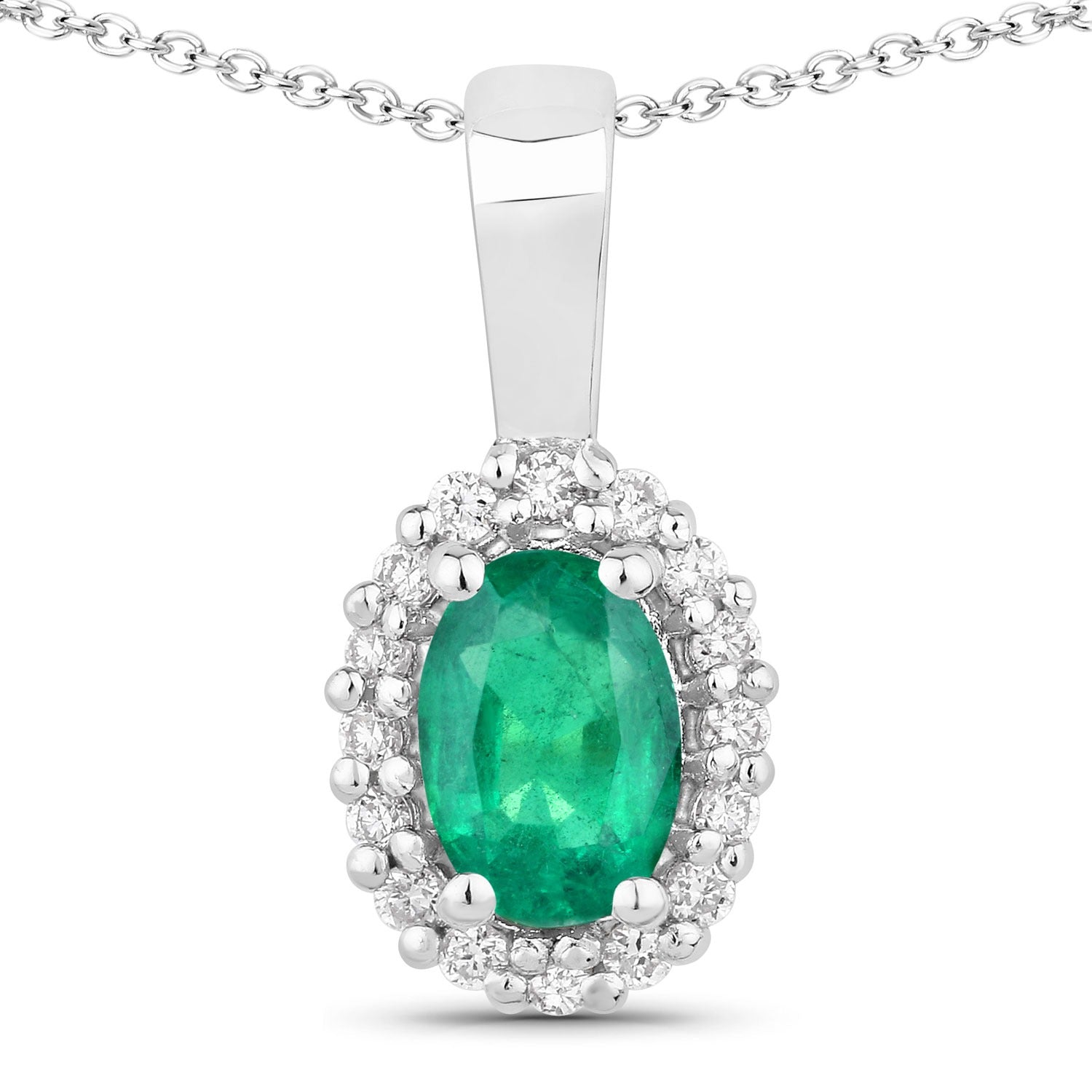 0.54 Ct Genuine Zambian Emerald and Lab Diamond Silver Oval Necklace