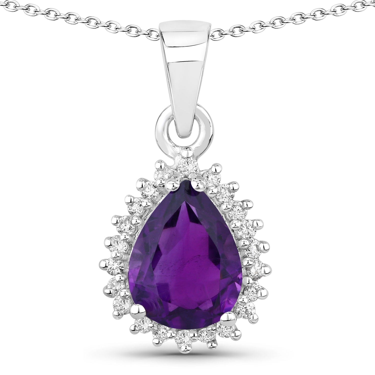1.57 Ct Genuine Amethyst and Lab Diamond Silver Teardrop Necklace
