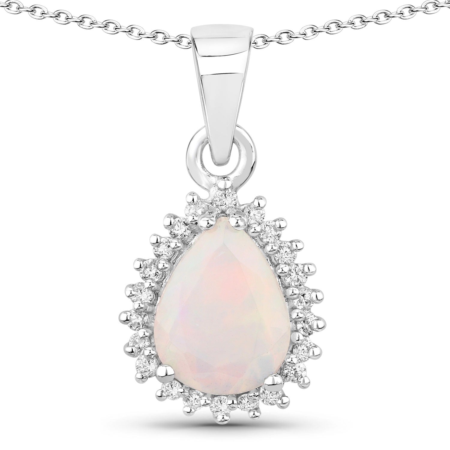 1.07 Ct Genuine Ethiopian Opal and Lab Diamond Silver Teardrop Necklace