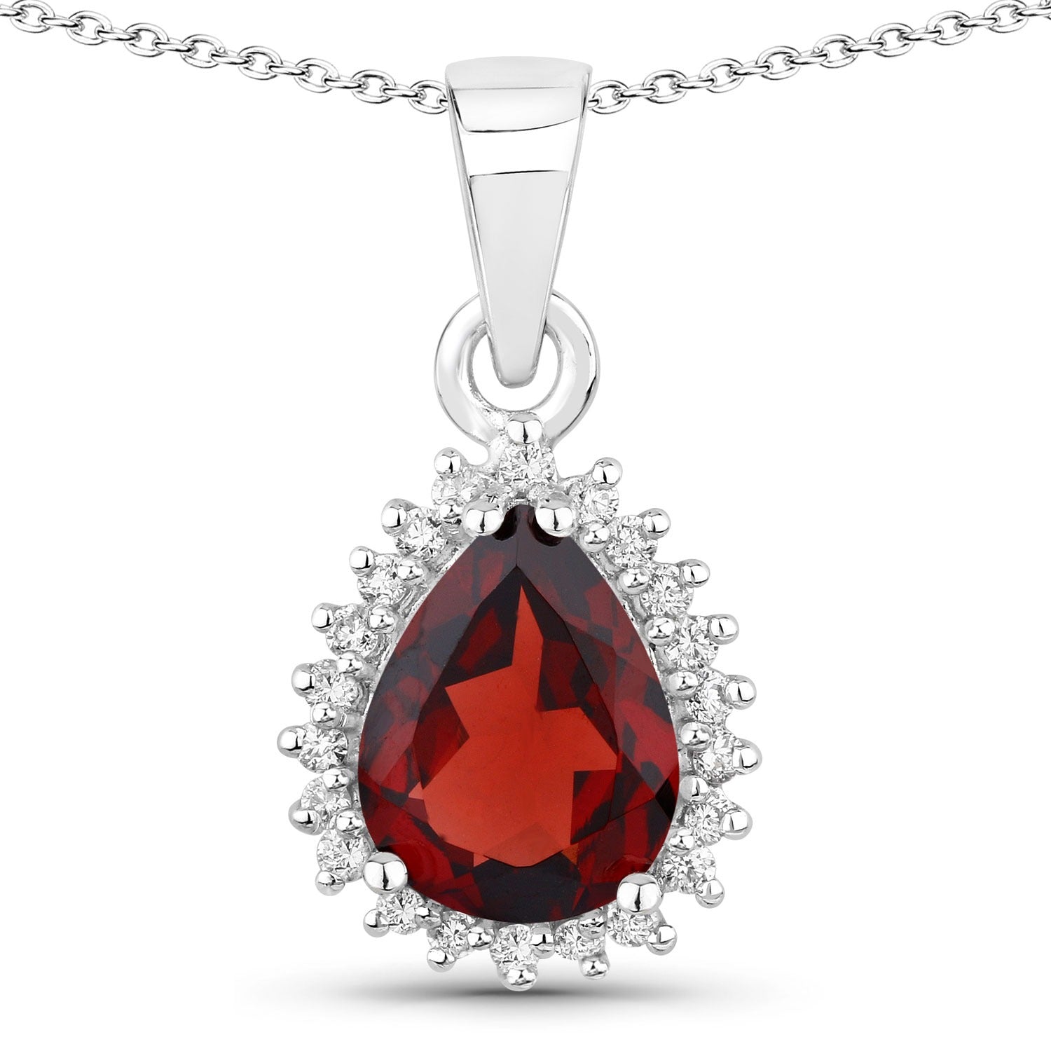 1.97 Ct Genuine Mozambique Garnet and Lab Diamond Silver Teardrop Necklace
