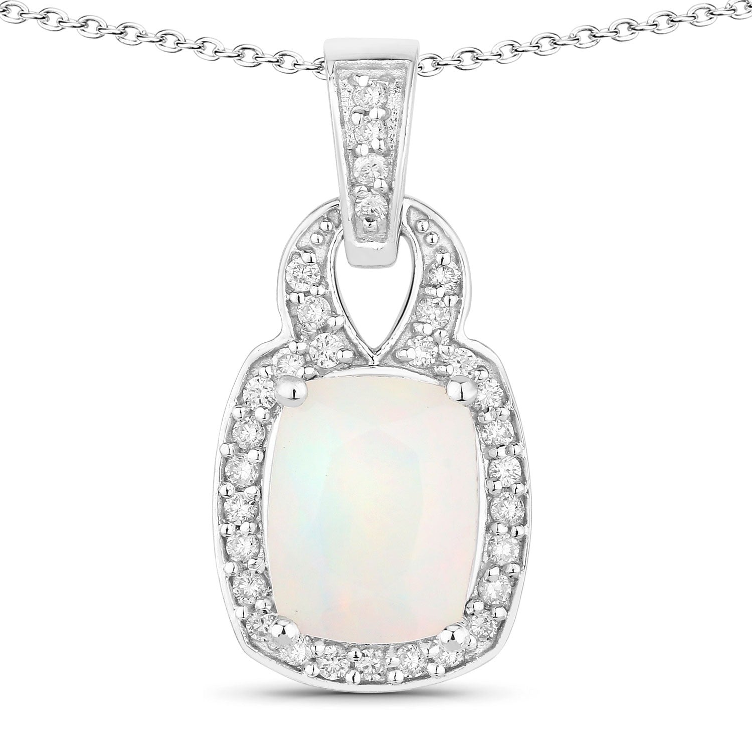 1.23 Ct Genuine Ethiopian Opal and Lab Diamond Silver Cushion Necklace