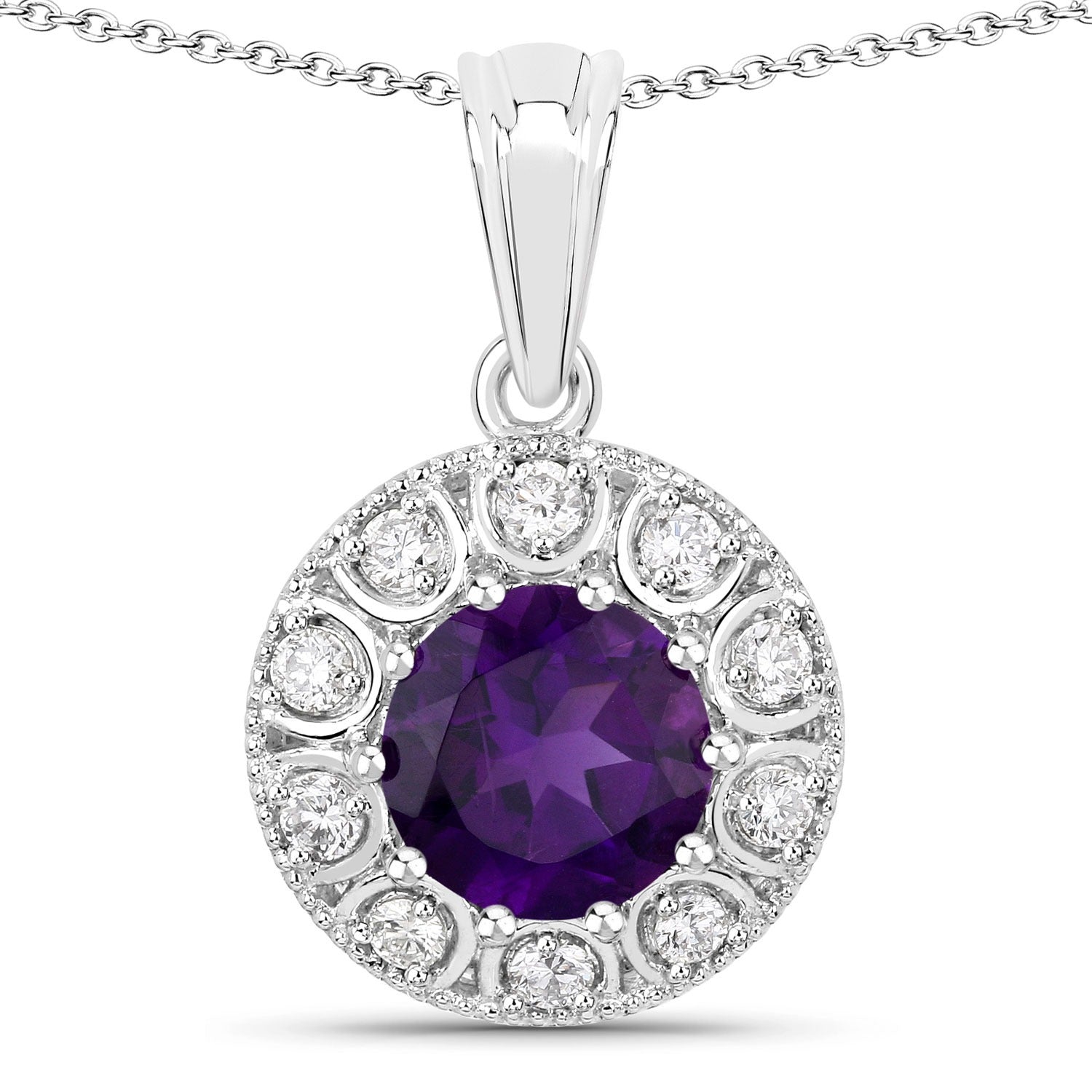2.15 Ct Genuine Amethyst and Lab Diamond Sterling Silver Halo Necklace