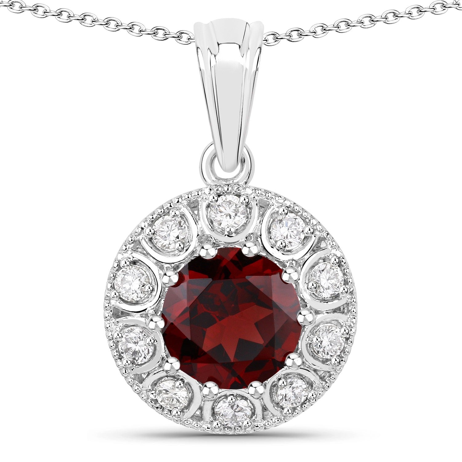 2.60 Ct Genuine Mozambique Garnet and Lab Diamond Silver Halo Necklace