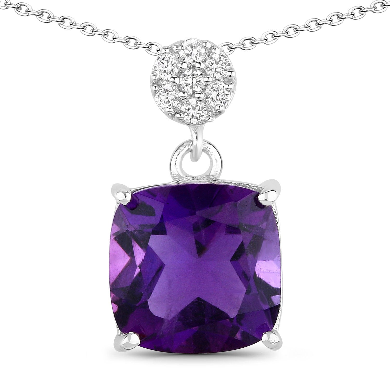 2.67 Ct Genuine Purple Amethyst and Lab Diamond Silver Cushion Necklace