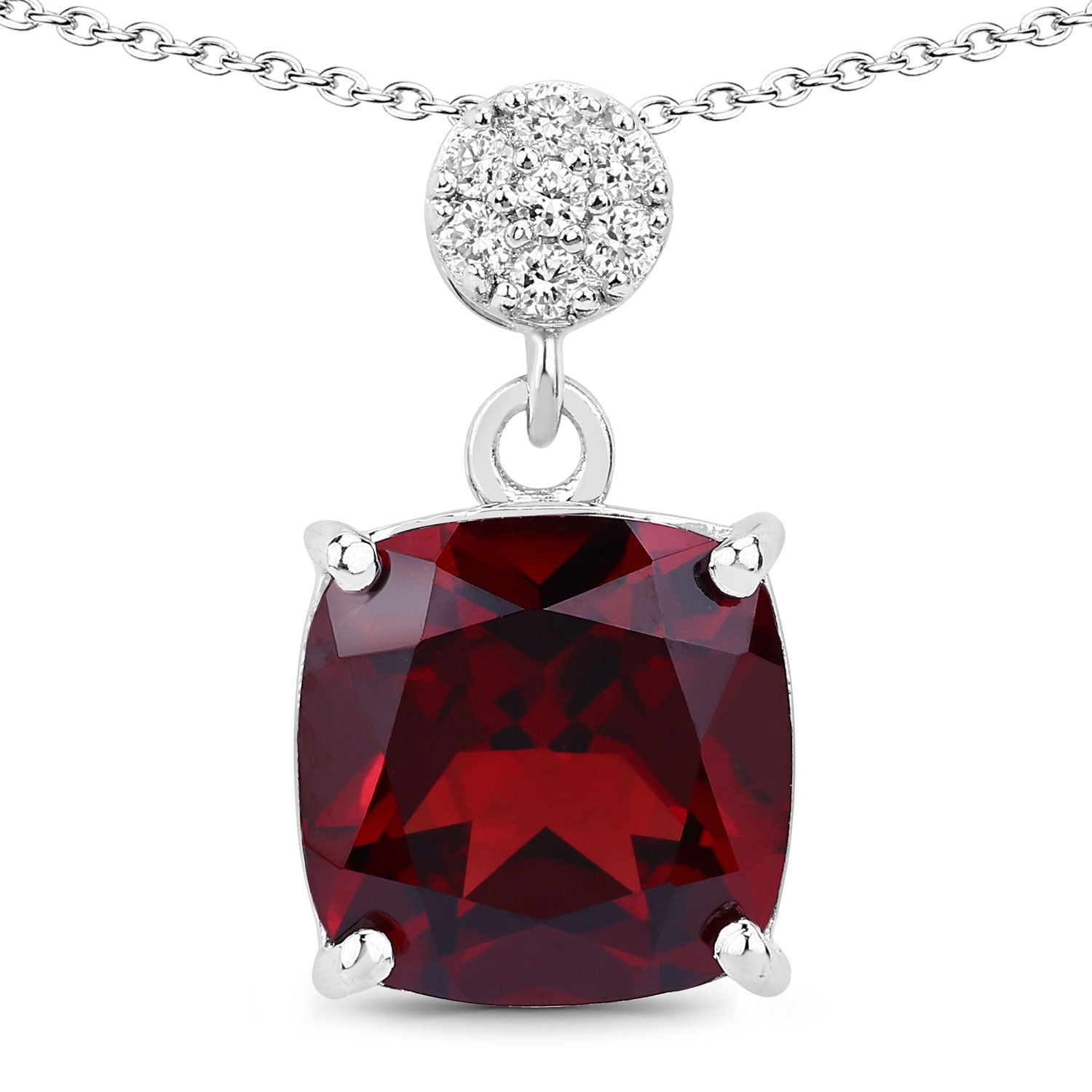 3.57 Ct Genuine Mozambique Garnet and Lab Diamond Silver Cushion Necklace
