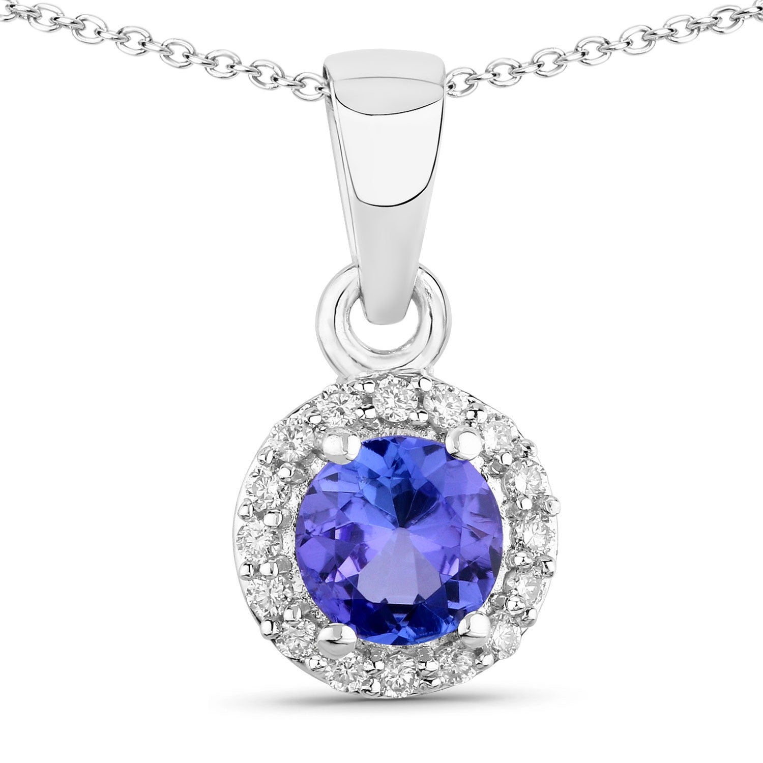 0.57 Ct Genuine Tanzanite and Lab Diamond Silver Round Necklace