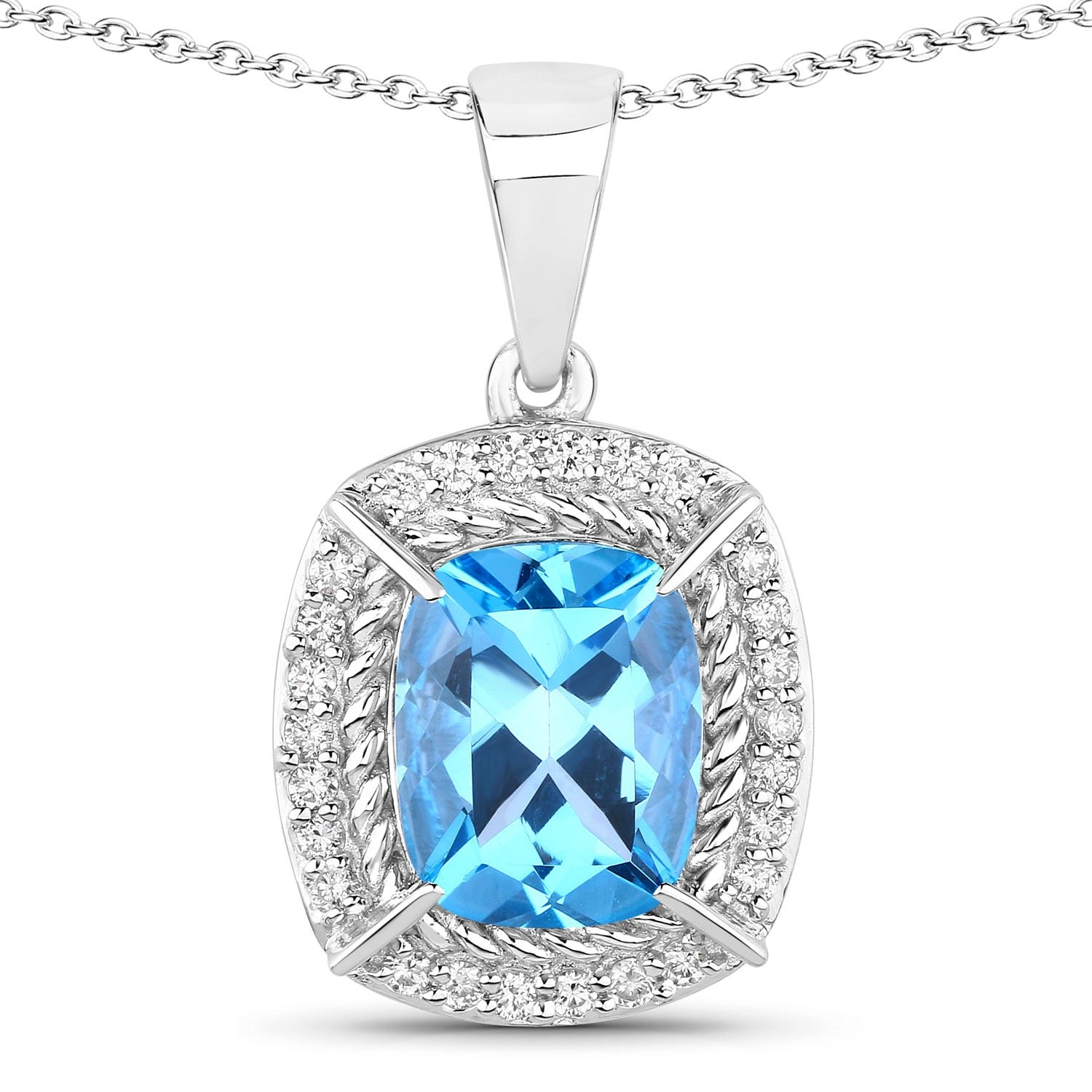 3.76 Ct Genuine Swiss Blue Topaz and Lab Diamond Silver Halo Necklace
