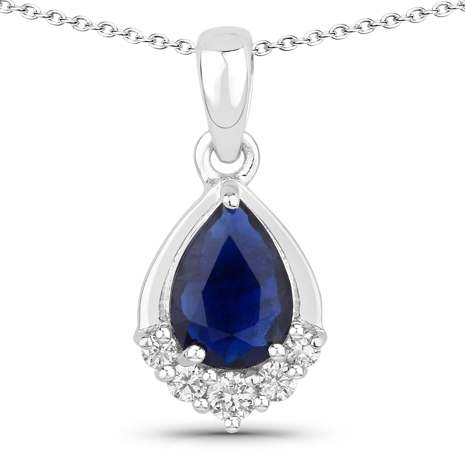 0.97 Carat Genuine Pear Shaped Blue Sapphire and Lab Grown Diamond Silver Necklace