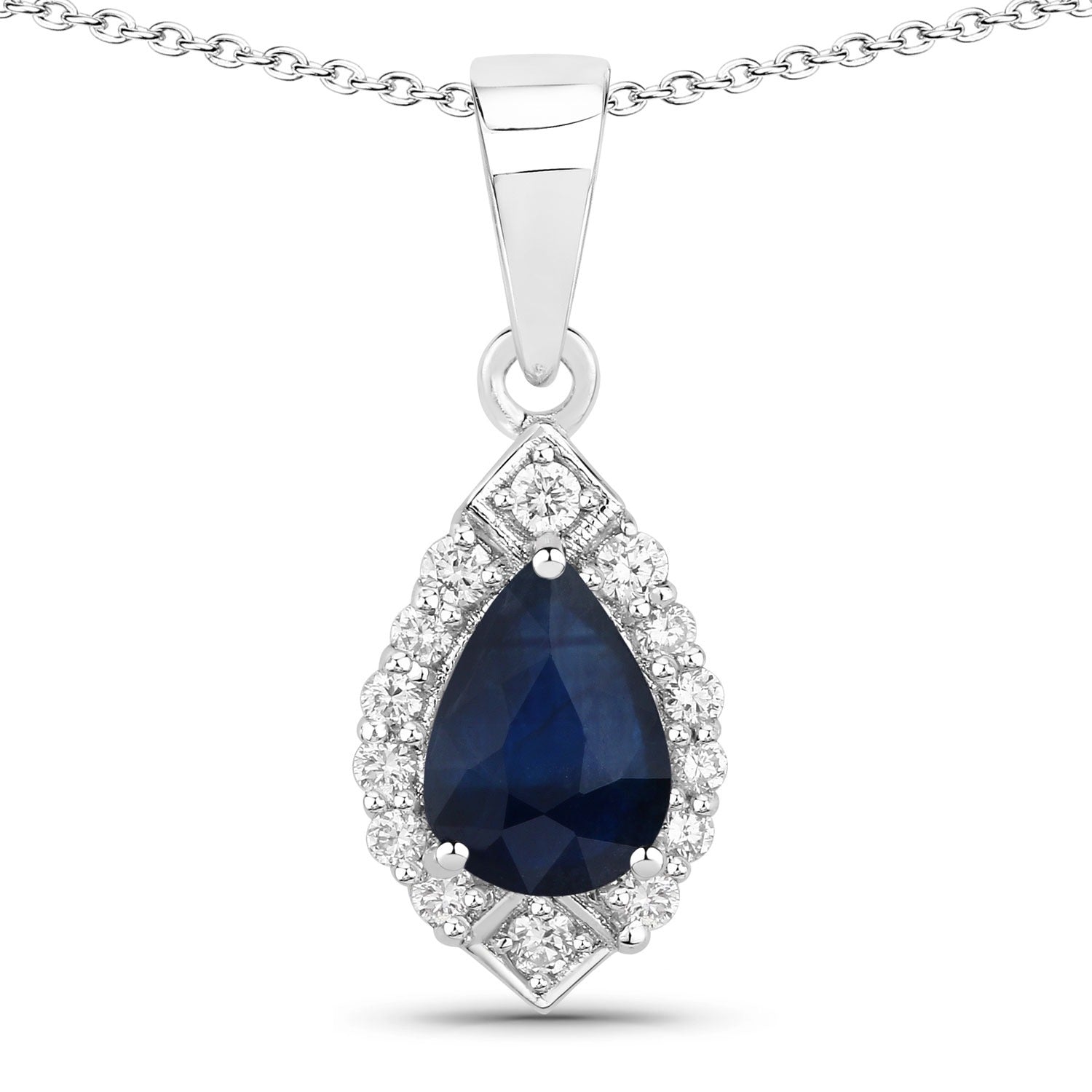 0.97 Ct Genuine Blue Sapphire and Lab Grown Diamond Silver Teardrop Necklace