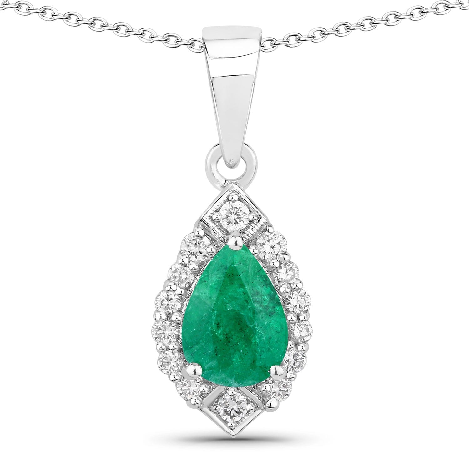 0.82 Ct Genuine Zambian Emerald and Lab Diamond Silver Teardrop Necklace
