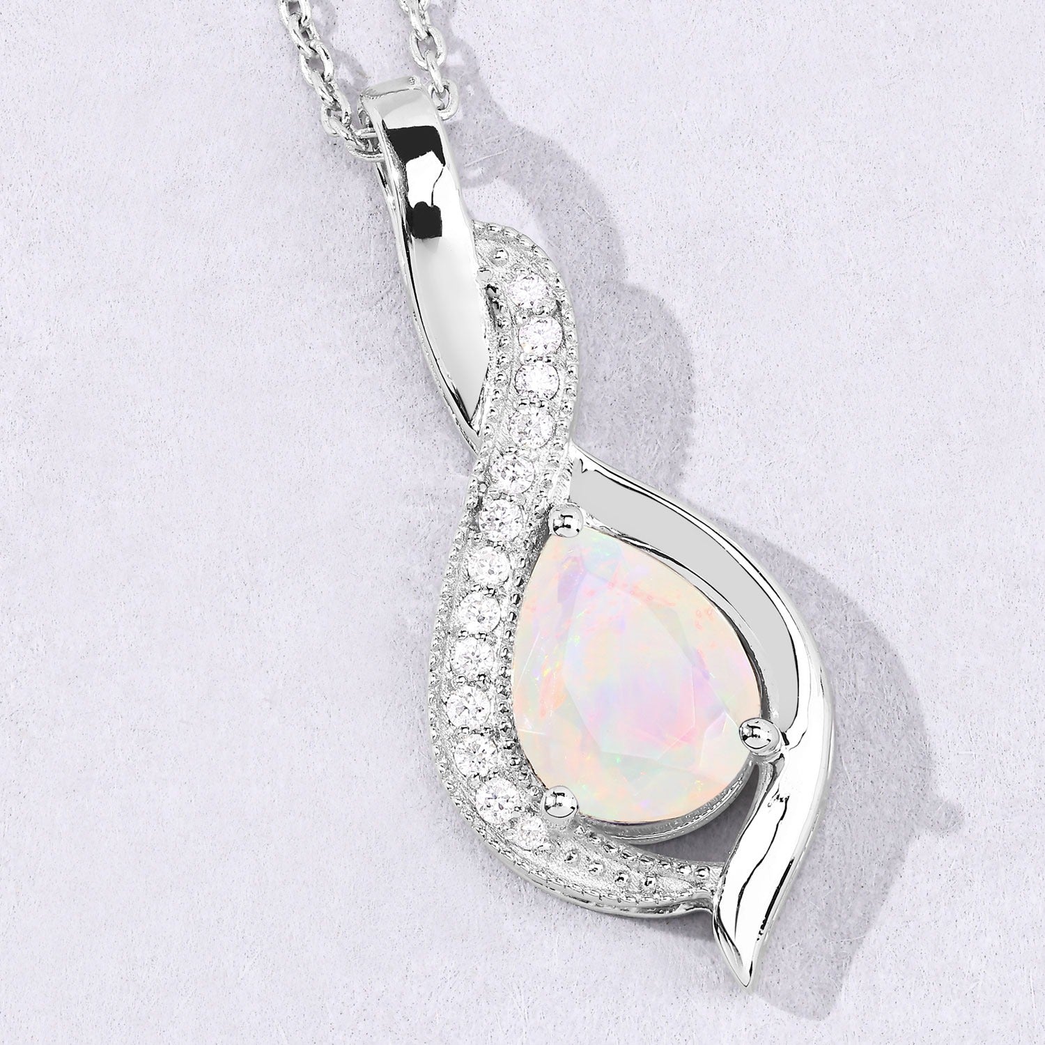 1.02 Ct Genuine Ethiopian Opal and Lab Diamond Silver Teardrop Necklace