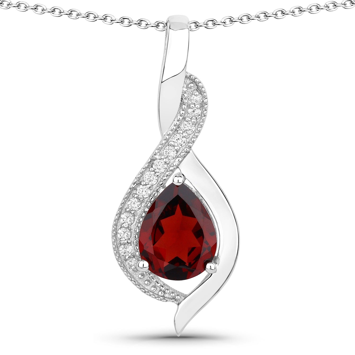1.92 Ct Genuine Mozambique Garnet and Lab Diamond Silver Teardrop Necklace