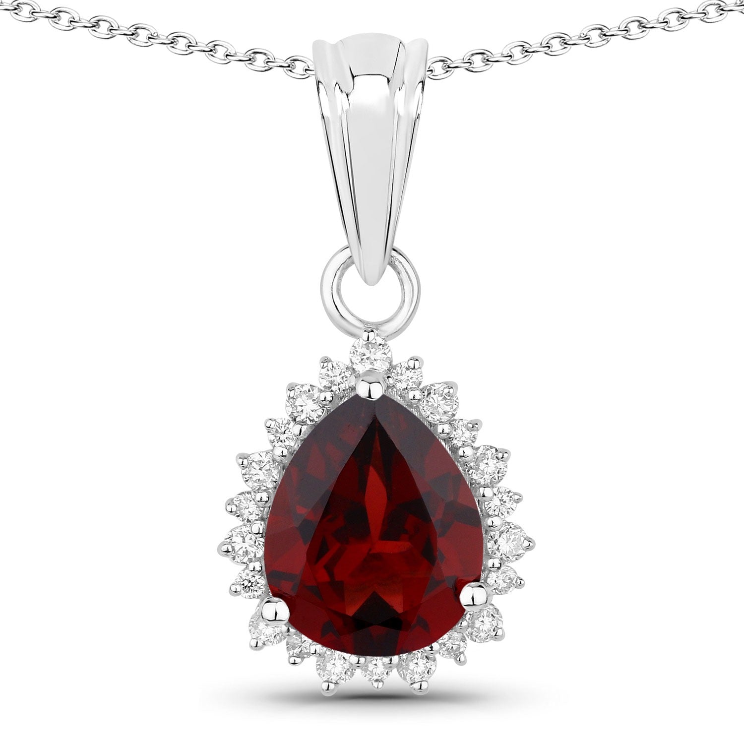 2.70 Ct Genuine Mozambique Garnet and Lab Grown Diamond Silver Halo Necklace