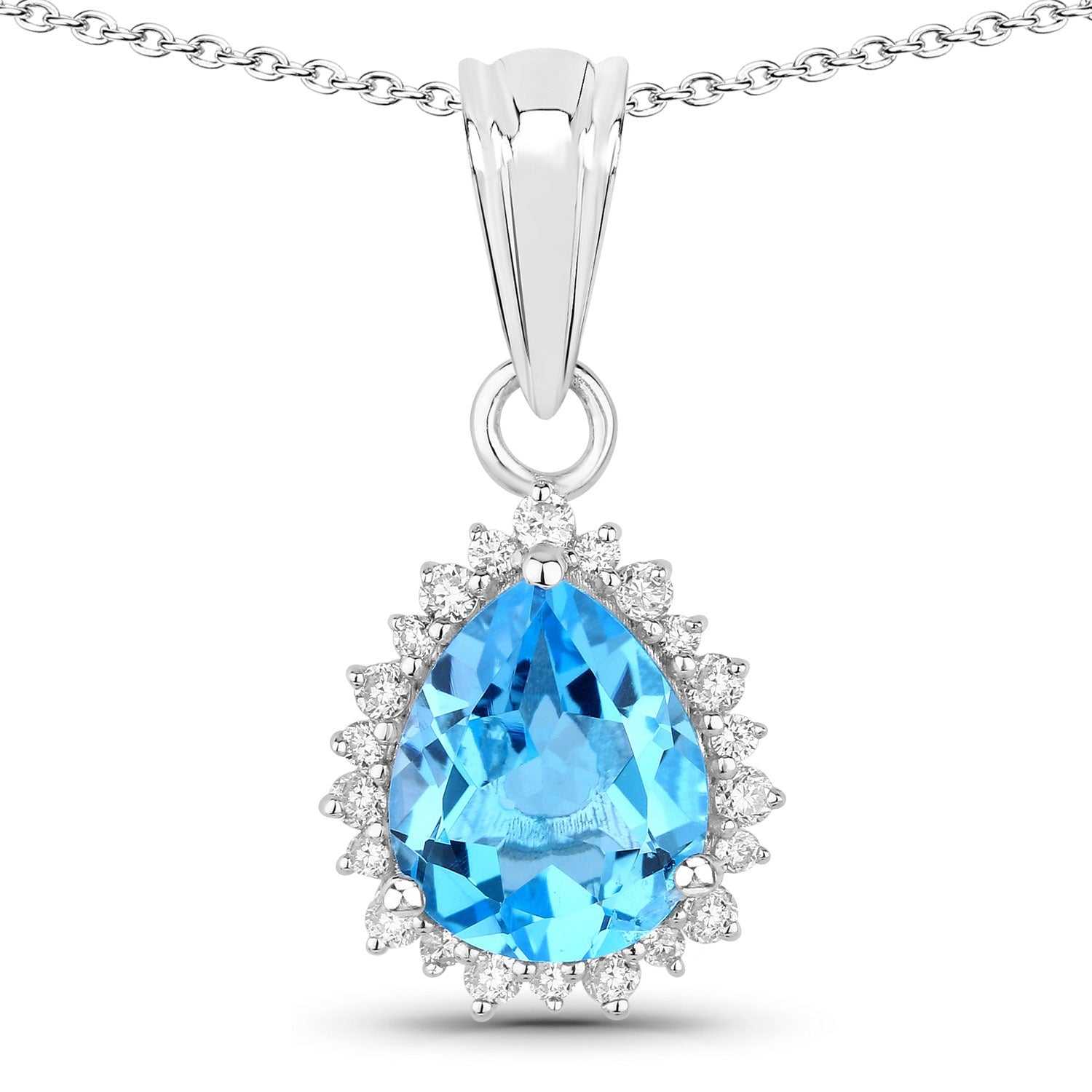 2.85 Ct Genuine Swiss Blue Topaz and Lab Diamond Silver Halo Necklace