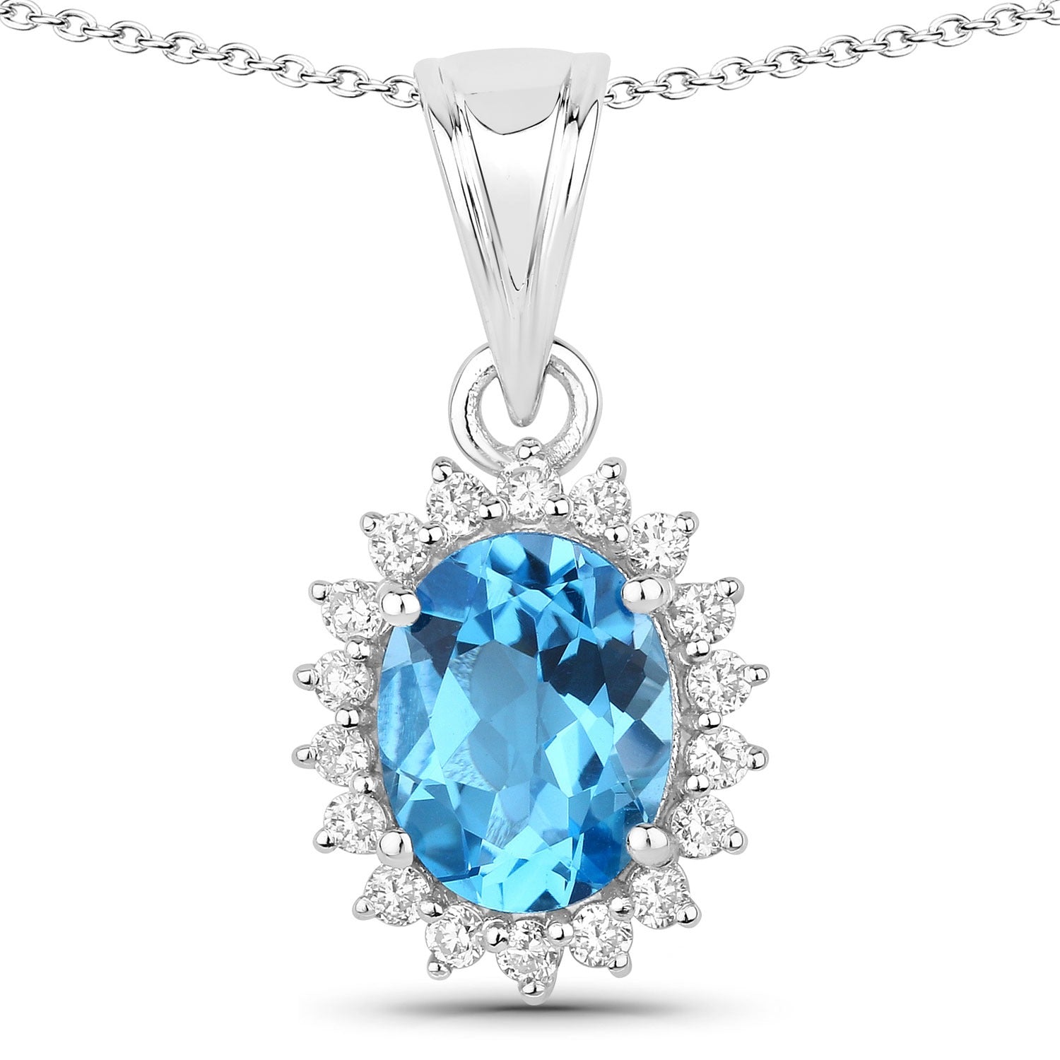 2.27 Carat Oval Genuine Swiss Blue Topaz and Lab Diamond Silver Halo Necklace
