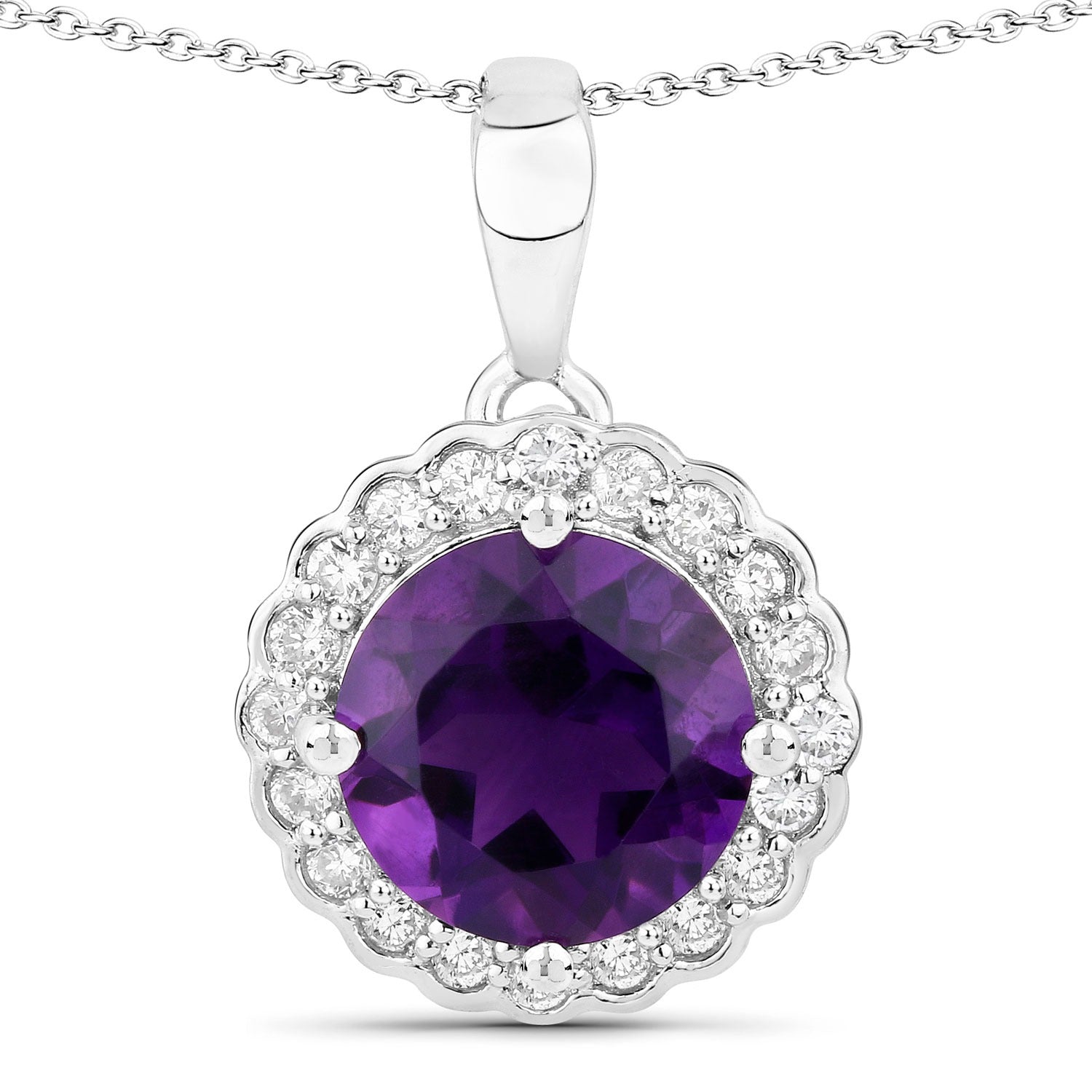 2.70 Ct Genuine Purple Amethyst and Lab Diamond Silver Halo Necklace