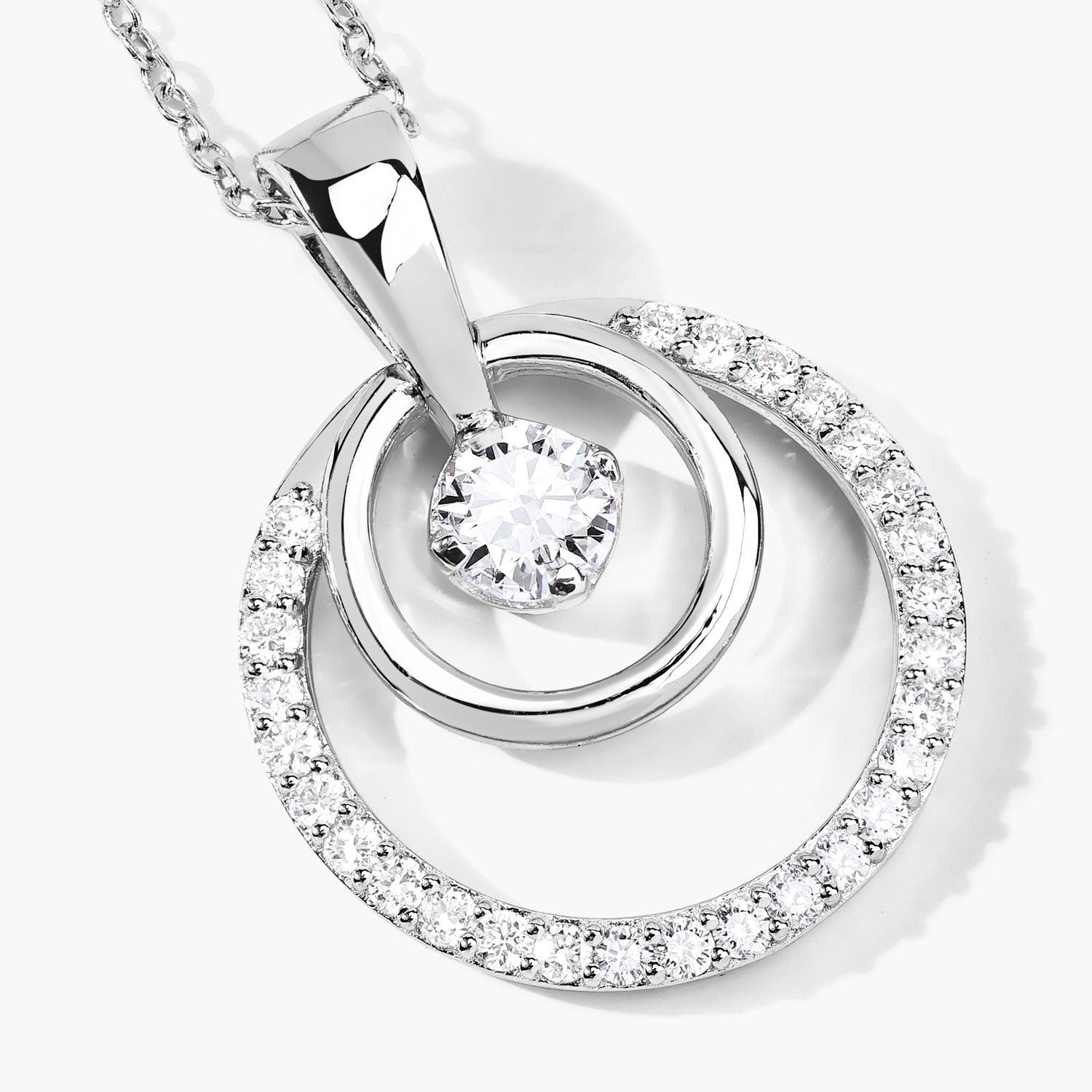 1 Cttw Round White Lab Grown Diamond Rhodium Plated Silver Double Circle Halo Pendant Necklace