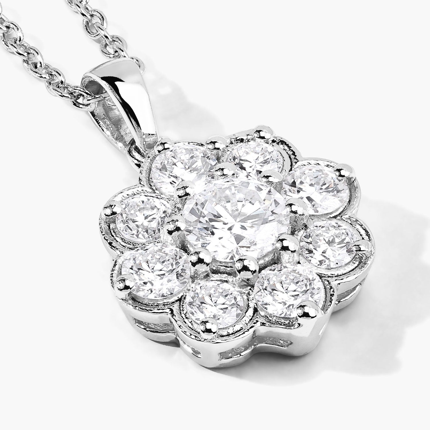 1 Cttw Round Lab Diamond Rhodium Plated Silver Scalloped Floral Halo Cluster Pendant Necklace