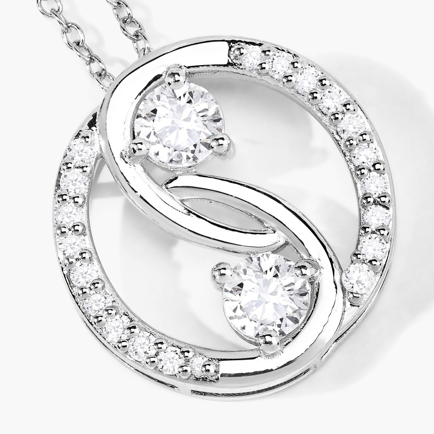 1 Cttw Round Lab Diamond Rhodium Plated Silver Two Stone Swirl Circle Pendant Necklace