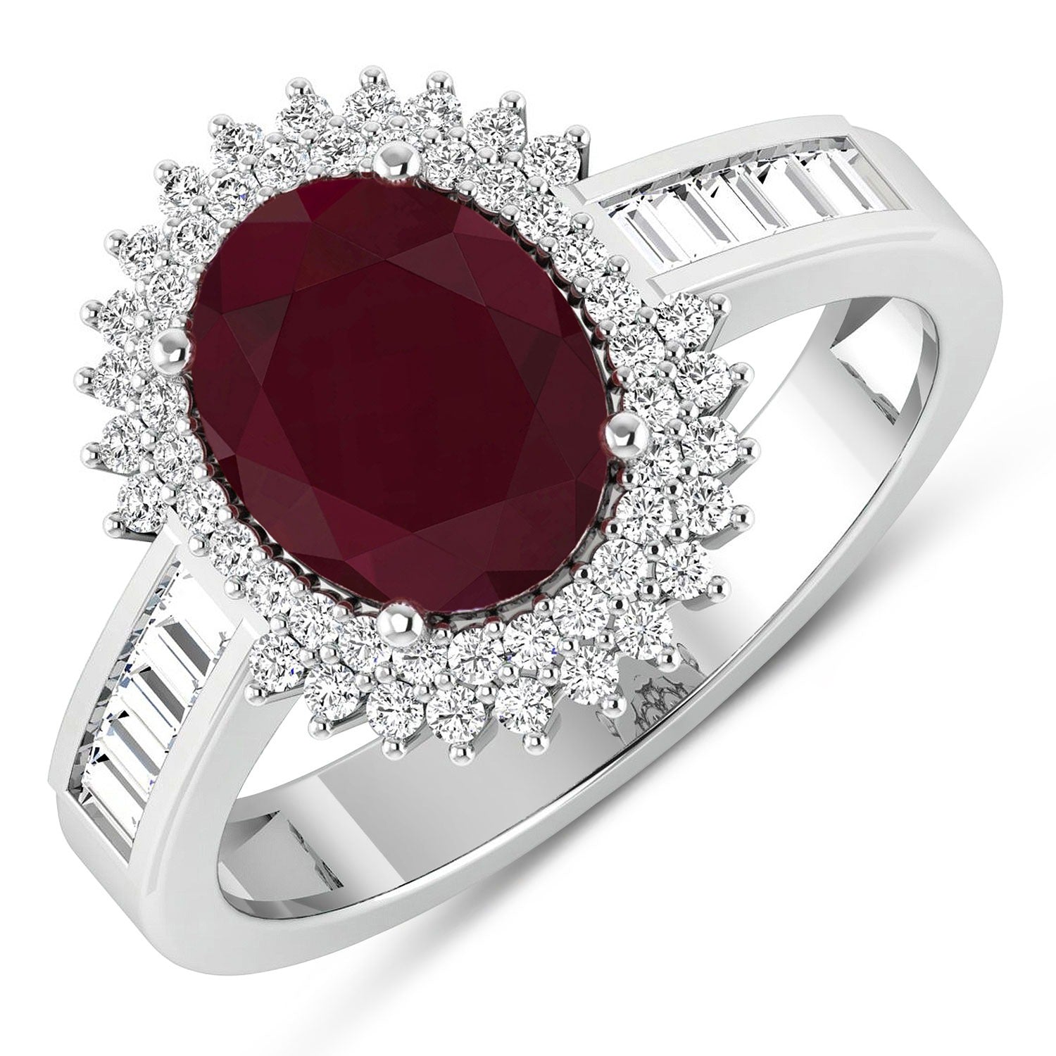 2.82 Ct Oval Pink Ruby and White Diamond Prong 14K White Gold Halo Floral Ring
