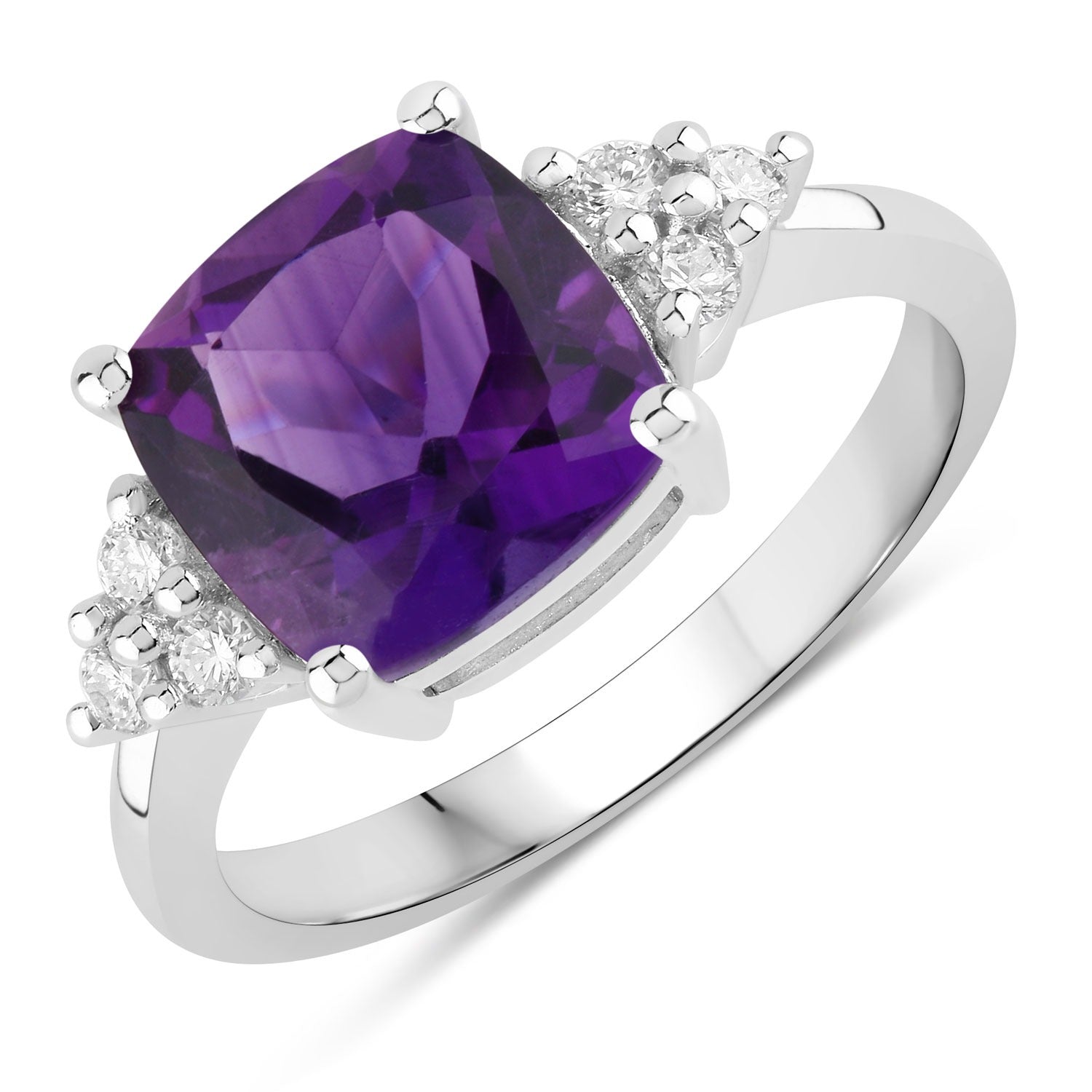 2.81 Ct Genuine Amethyst and Lab Grown Diamond Silver Cushion Cocktail Ring Fine Color Jewels