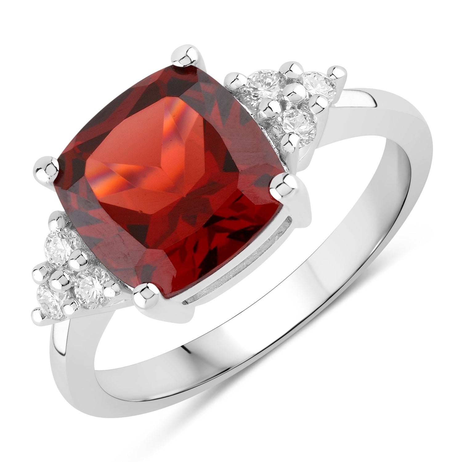 3.71 Ct Genuine Mozambique Garnet and Lab Diamond Silver Cushion Cocktail Ring Fine Color Jewels