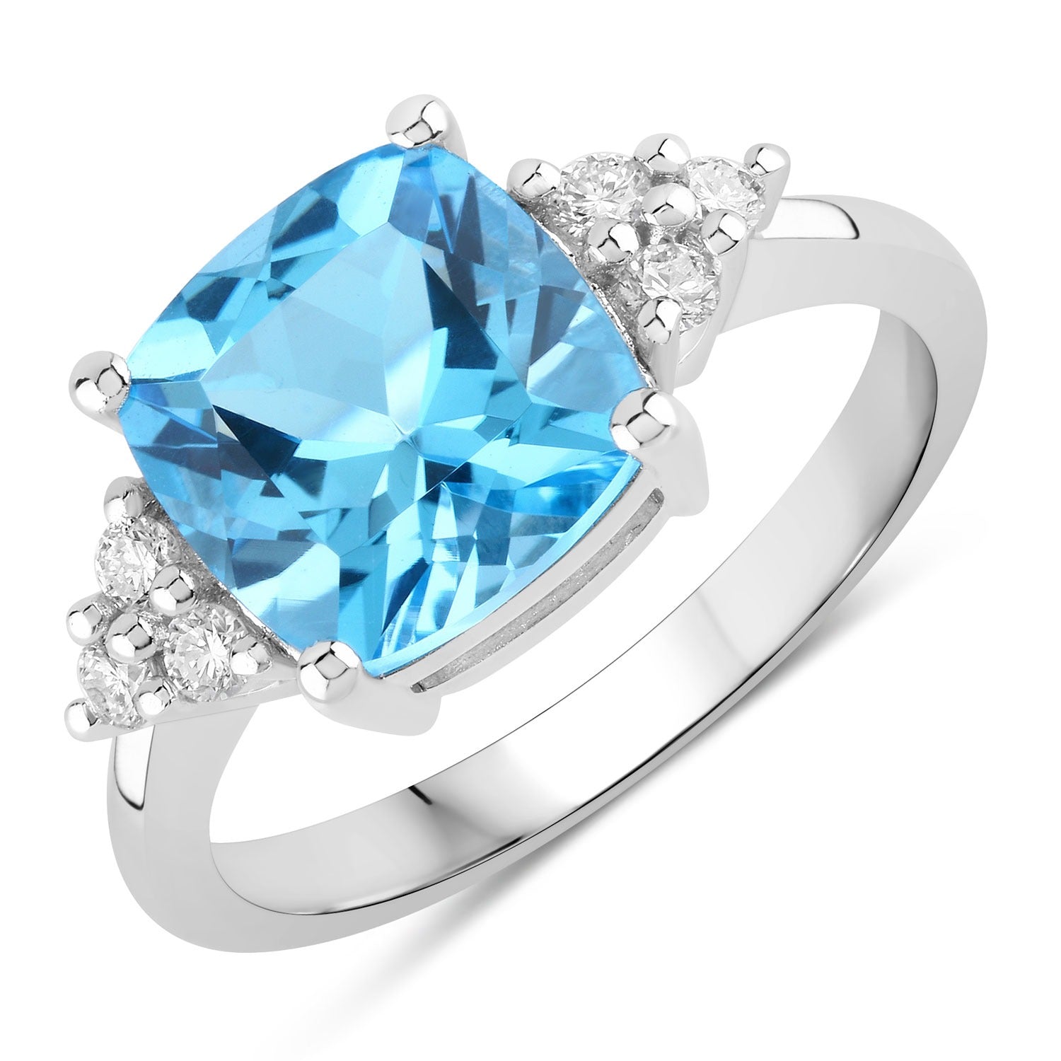 3.61 Ct Genuine Swiss Blue Topaz and Lab Diamond Silver Cushion Cocktail Ring Fine Color Jewels