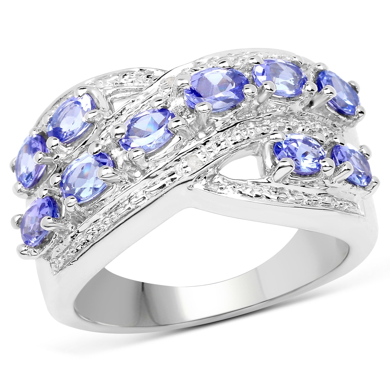 1.71 Ct Violet Tanzanite and White Diamond Prong Silver Pave Crossover Ring