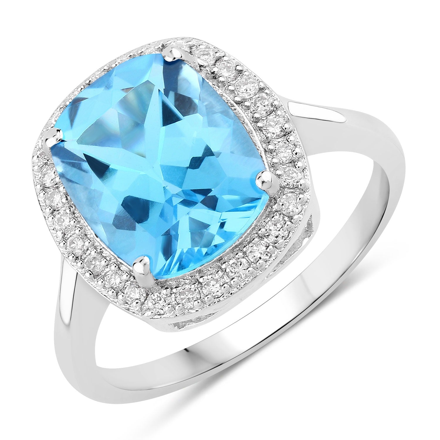 4.31 Ct Genuine Swiss Blue Topaz and Lab Diamond Silver Halo Ring Fine Color Jewels