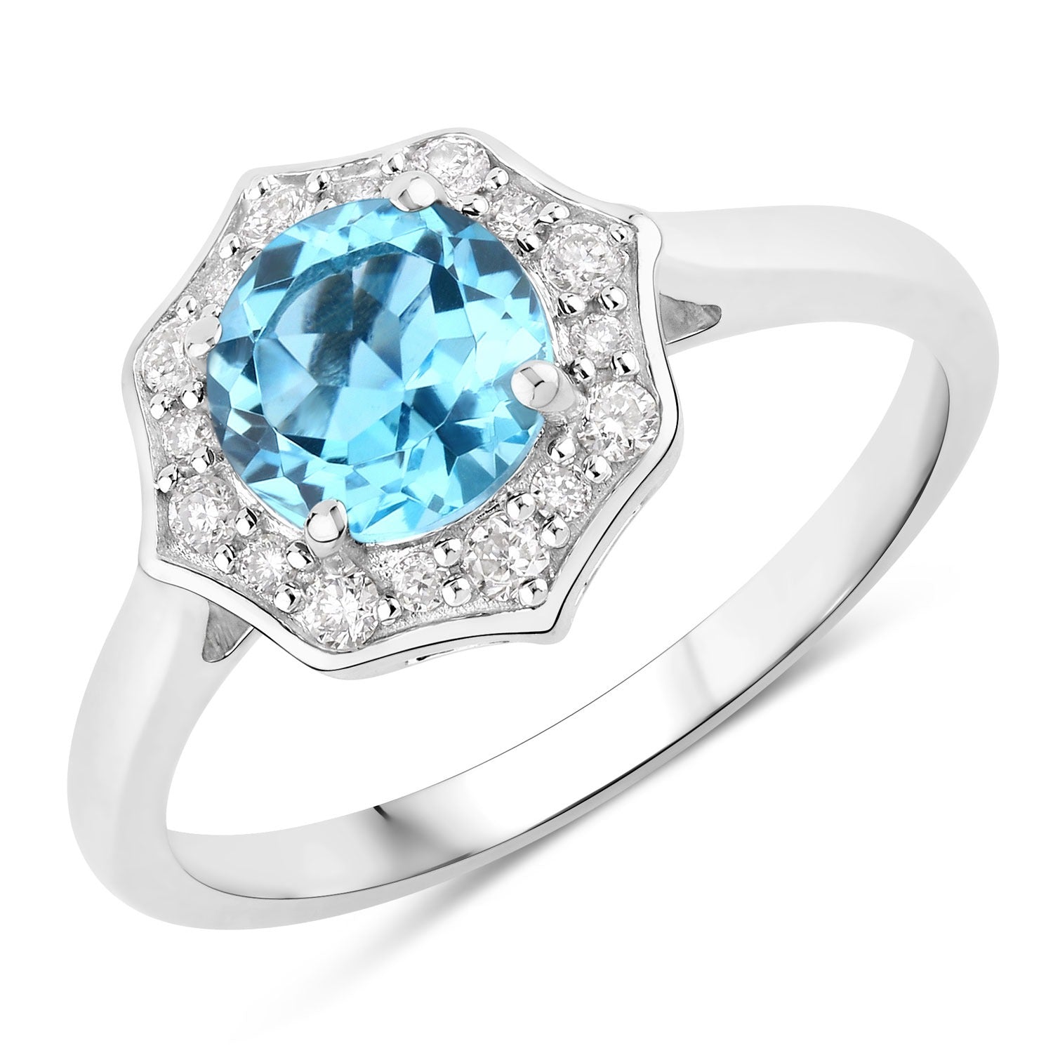 1.37 Ct Genuine Swiss Blue Topaz and Lab Diamond Silver Round Halo Ring Fine Color Jewels