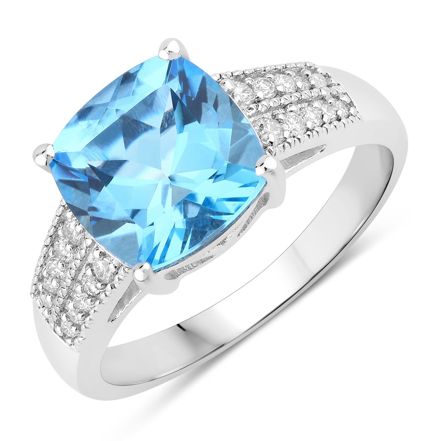 3.57 Ct Genuine Swiss Blue Topaz and Lab Diamond Silver Bridge Ring Fine Color Jewels