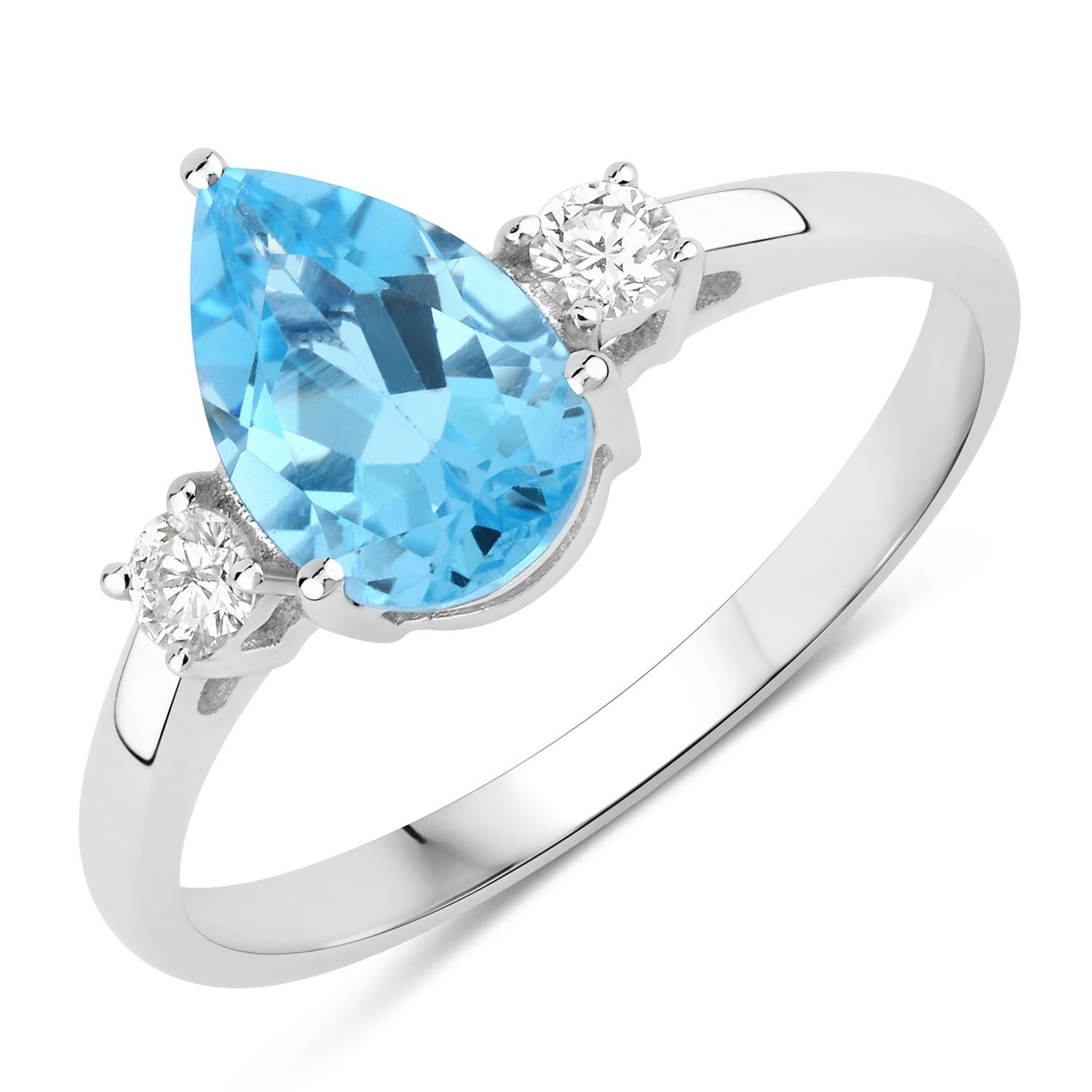 1.42 Ct Genuine Pear Shaped Swiss Blue Topaz and Lab Diamond Silver 3 Stone Ring Fine Color Jewels