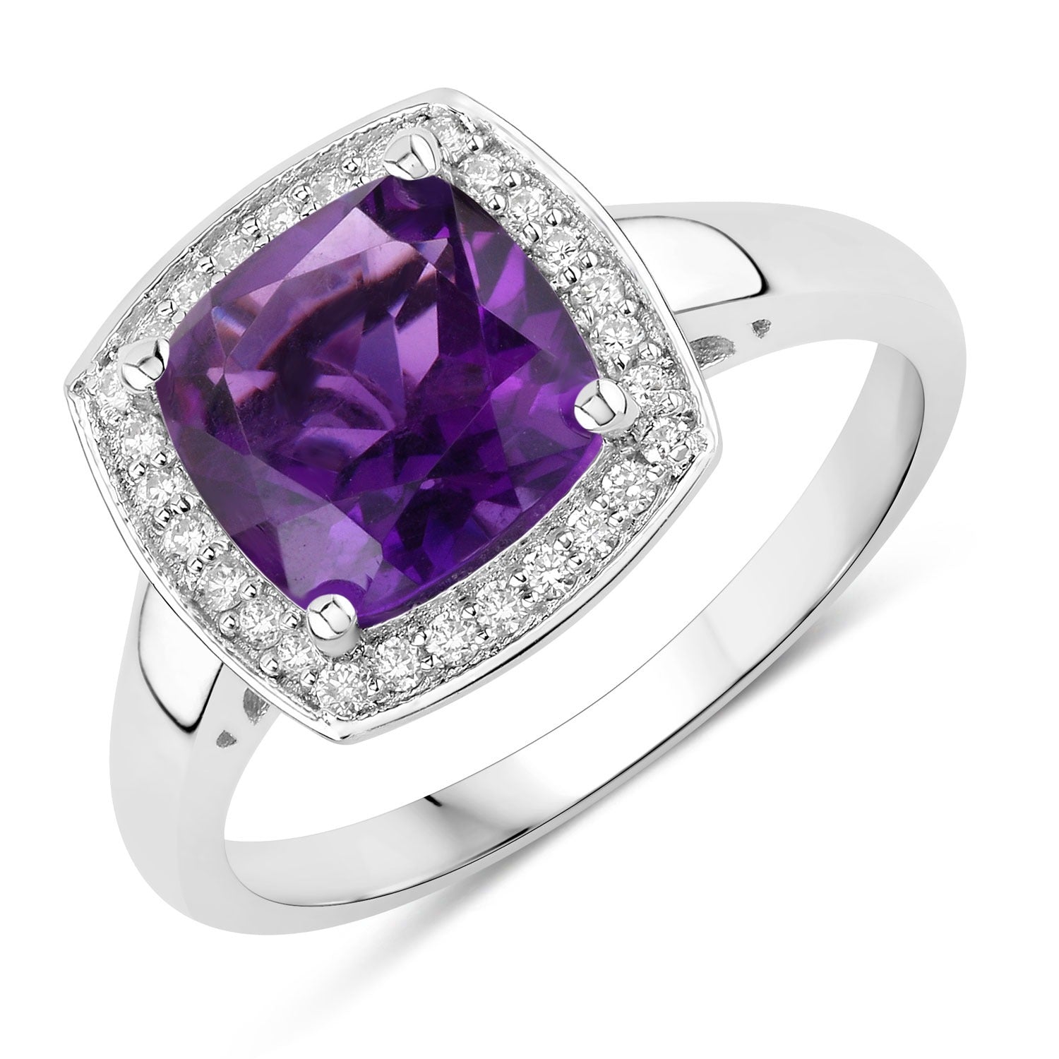 1.97 Ct Genuine Cushion Cut Amethyst and Lab Diamond Silver Halo Ring Fine Color Jewels