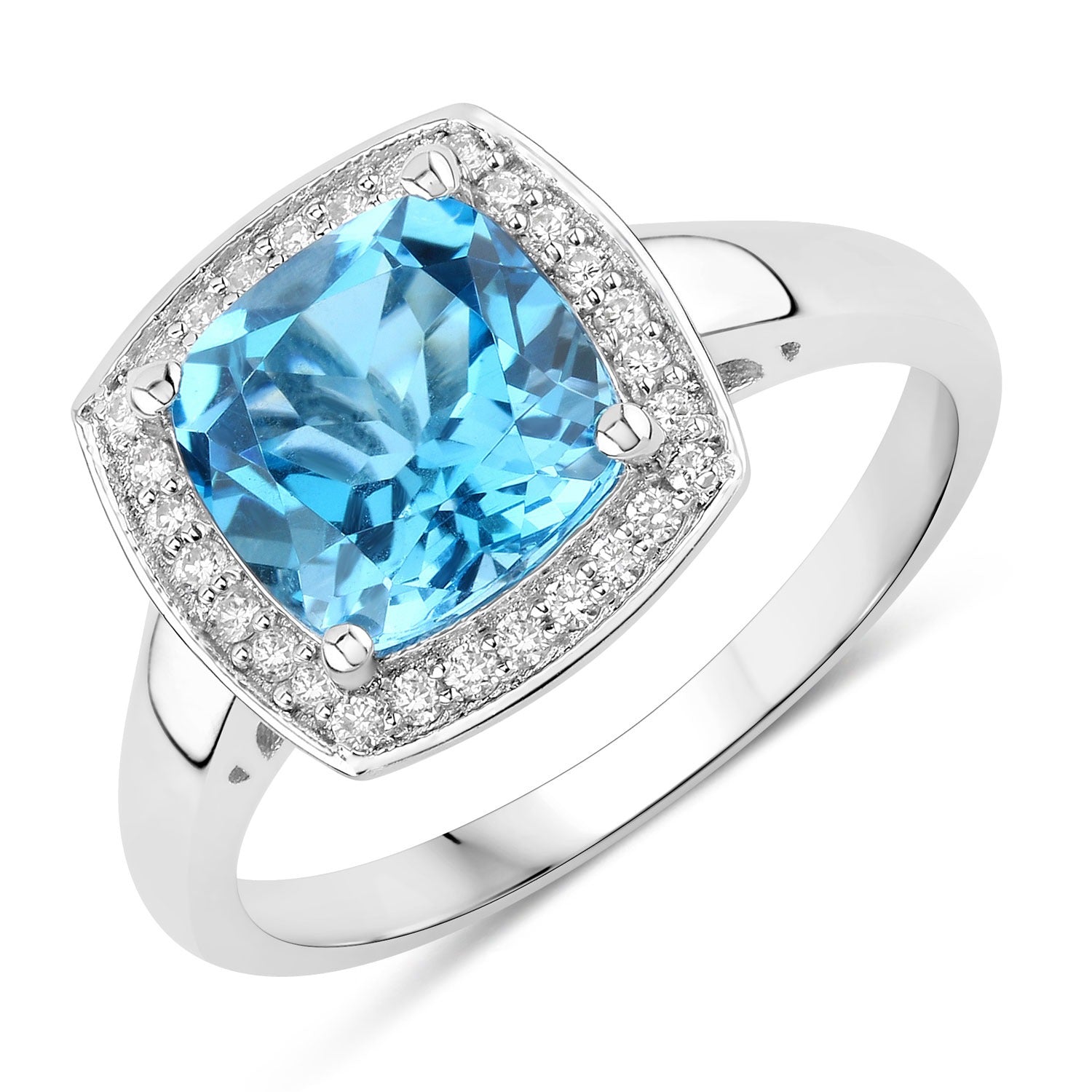 2.47 Ct Genuine Cushion Cut Swiss Blue Topaz Lab Diamond Silver Halo Ring Fine Color Jewels