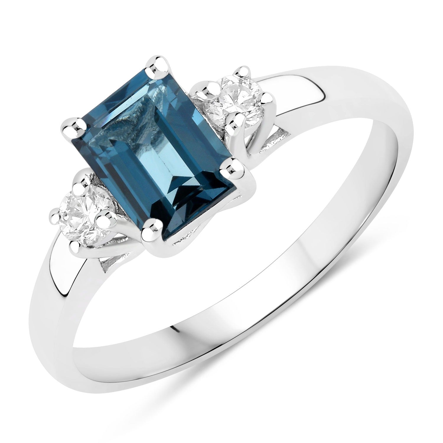 1.19 Ct Genuine London Blue Topaz and Lab Diamond Silver Octagon 3 Stone Ring Fine Color Jewels
