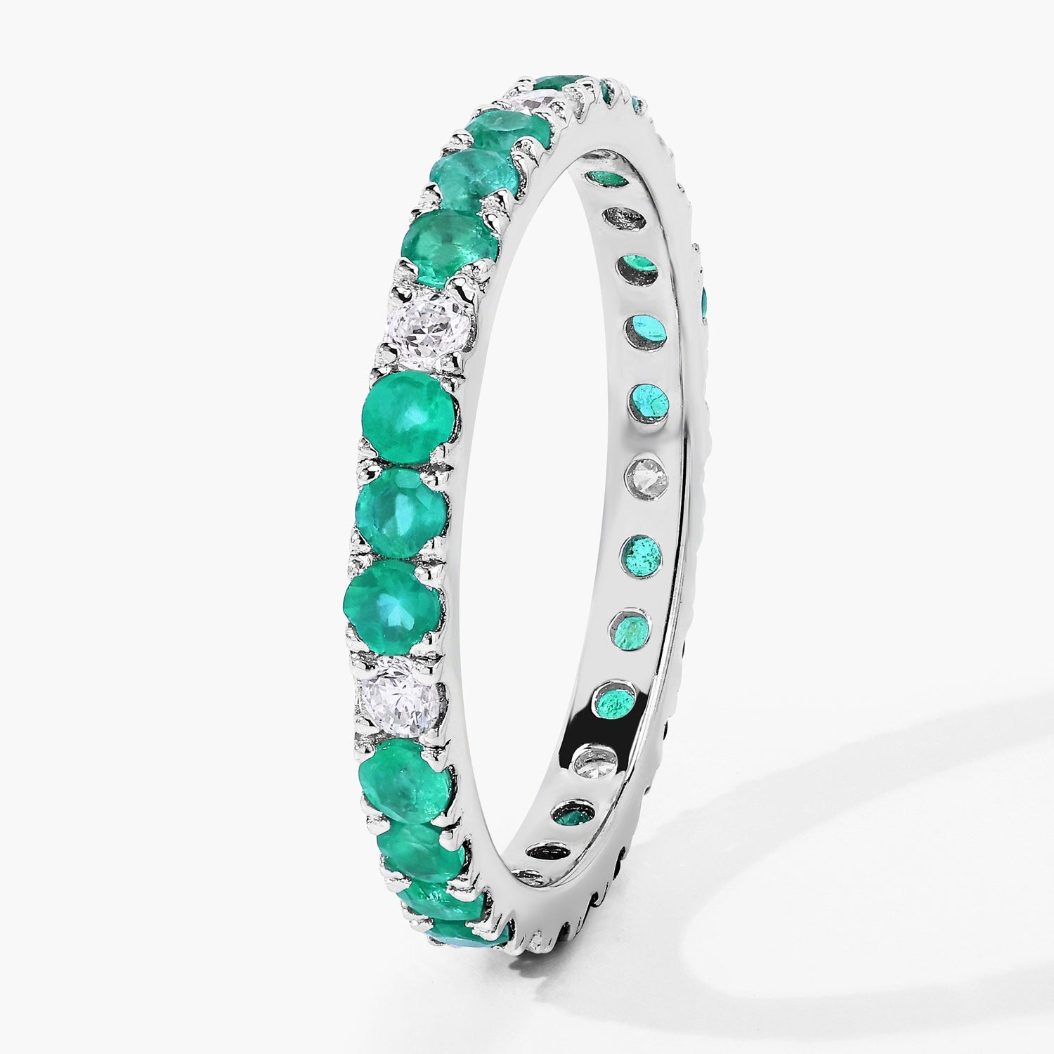 0.99 Ct Genuine Zambian Emerald and Lab Diamond Silver Eternity Ring Fine Color Jewels