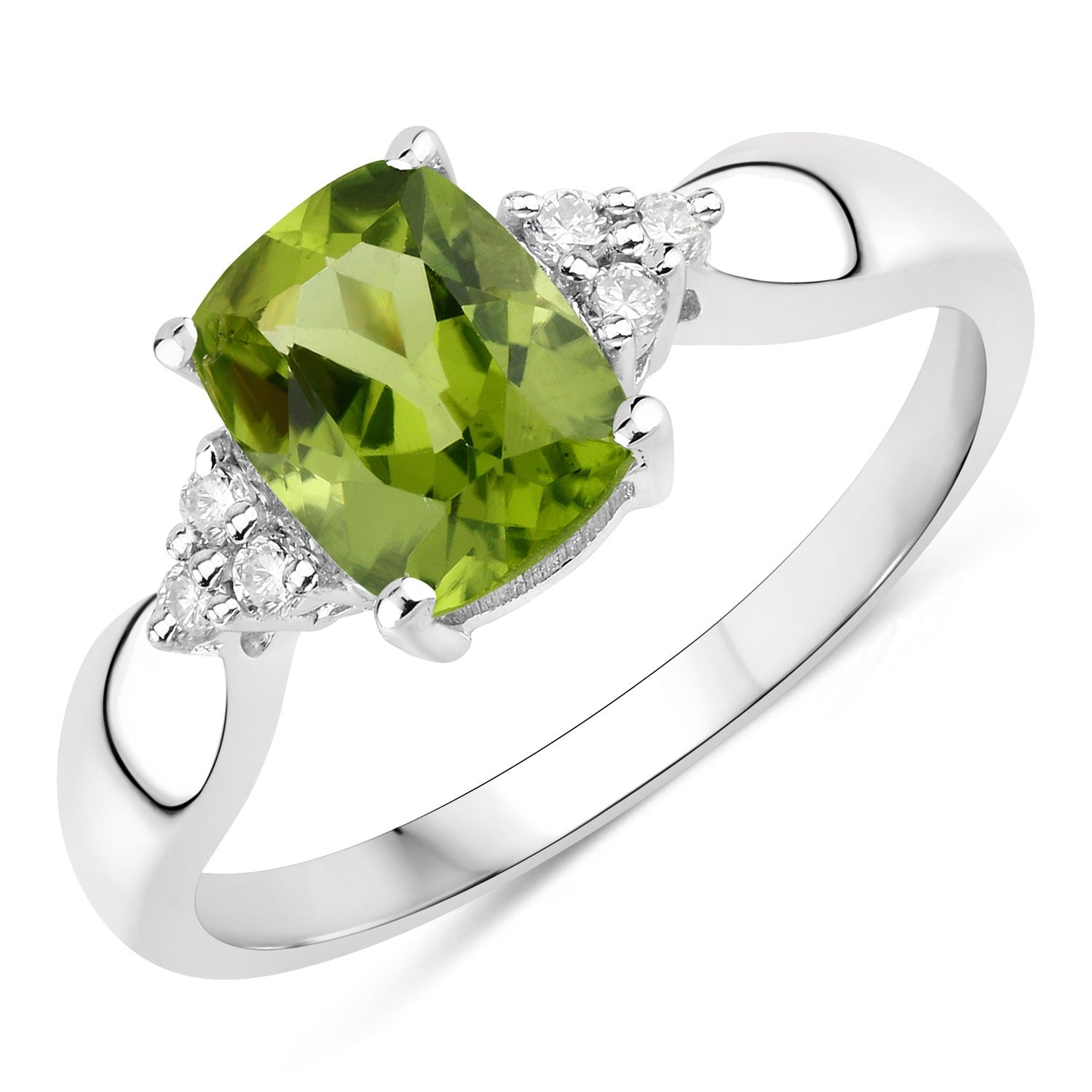1.49 Ct Genuine Peridot and Lab Diamond Silver Cushion Cut Cocktail Ring Fine Color Jewels