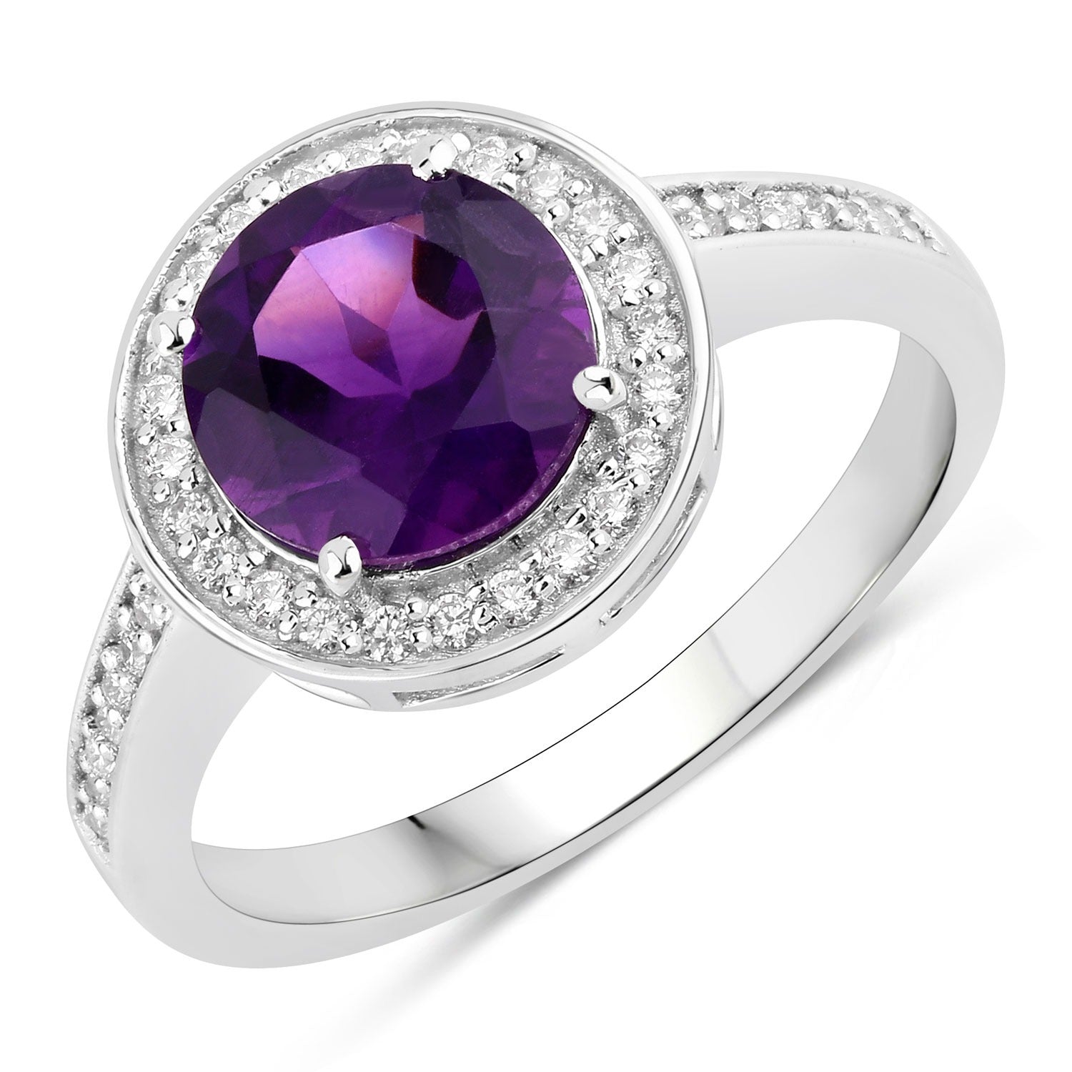 2.01 Ct Genuine Purple Amethyst and Lab Diamond Silver Halo Ring