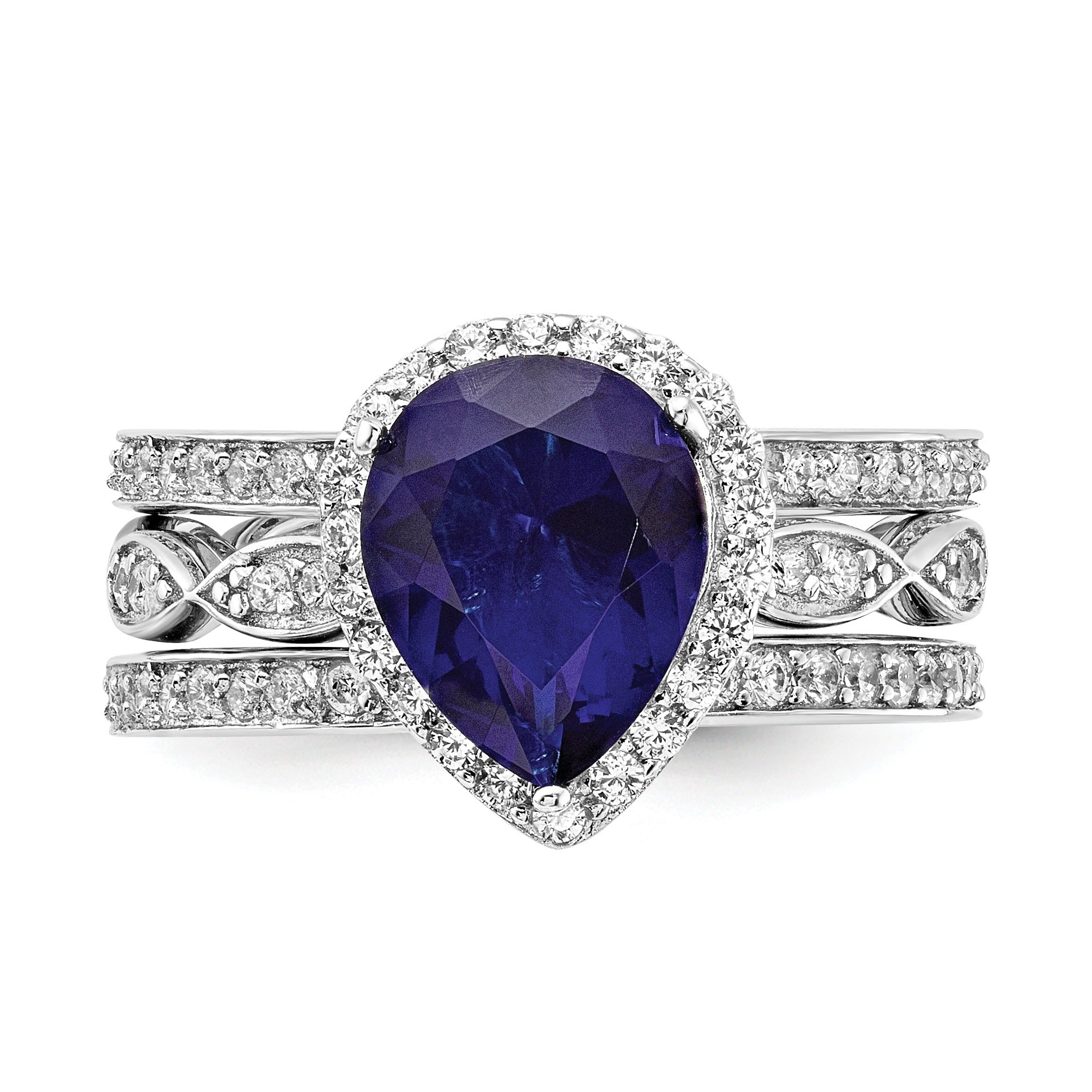 Pear Shaped Created Sapphire Sterling Silver Teardrop Halo Pave Engagement Ring
