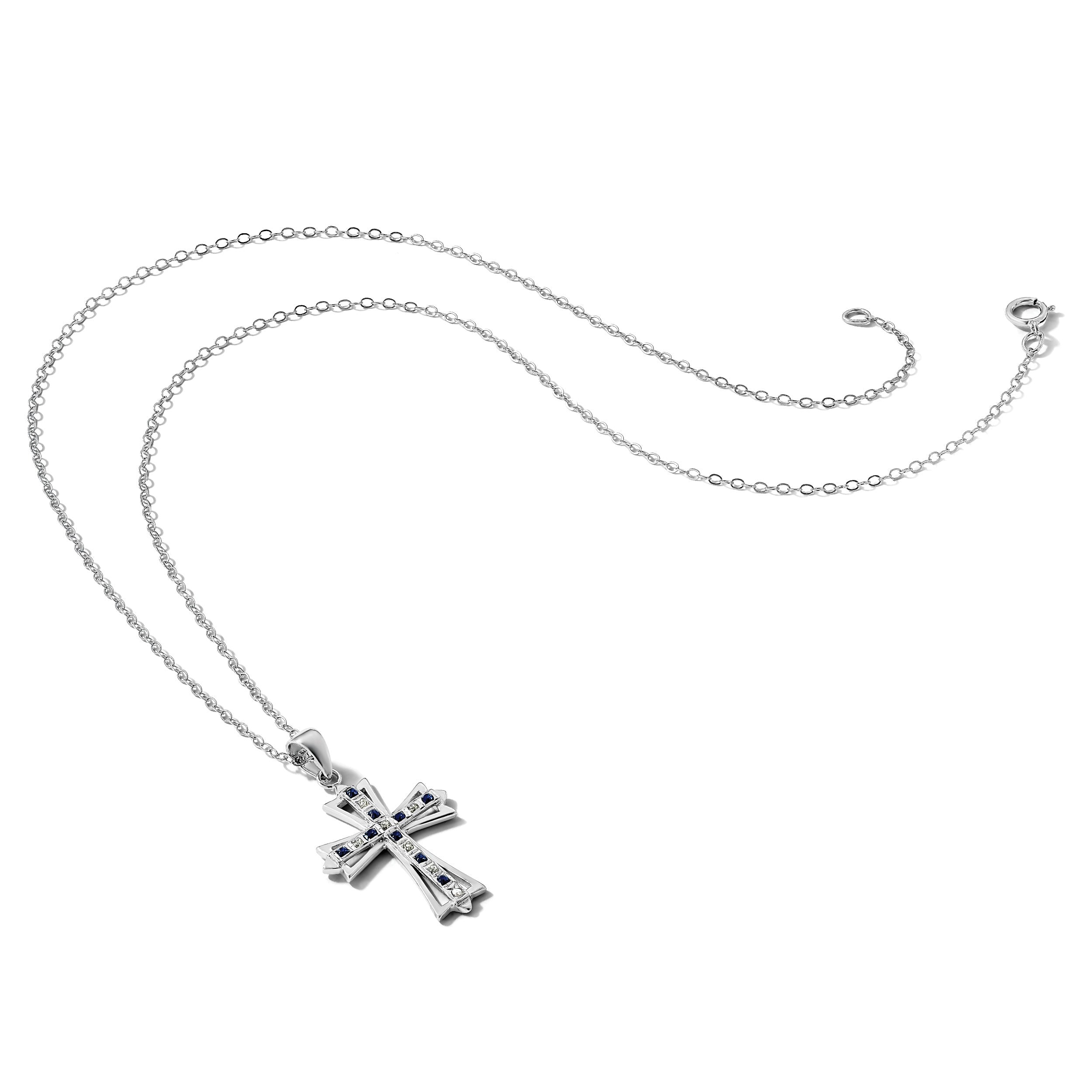 Sterling Silver Natural Diamond and Sapphire Cross Necklace