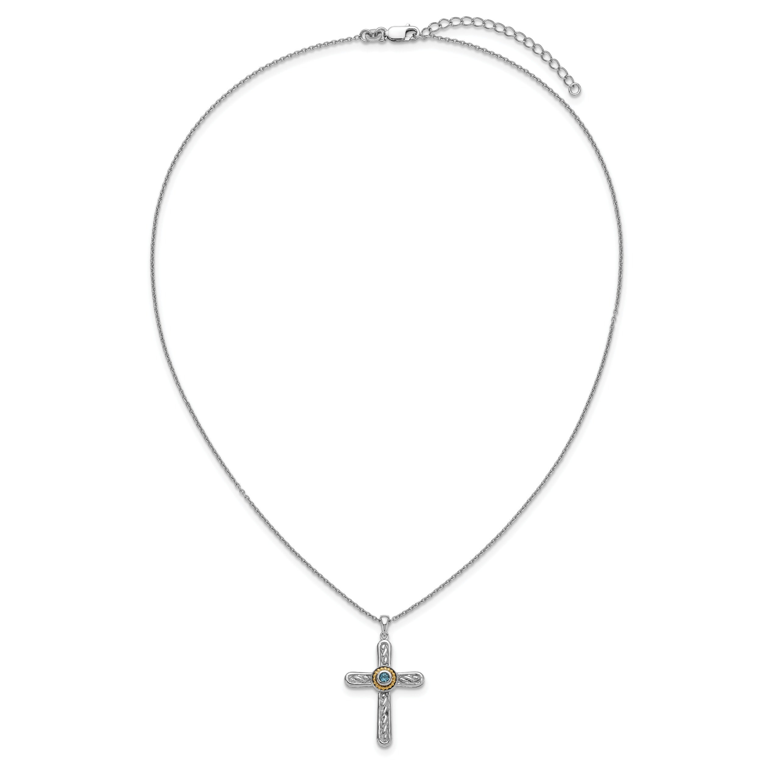 Silver chain necklace with engraved cross pendant featuring a blue gemstone center and gold accent